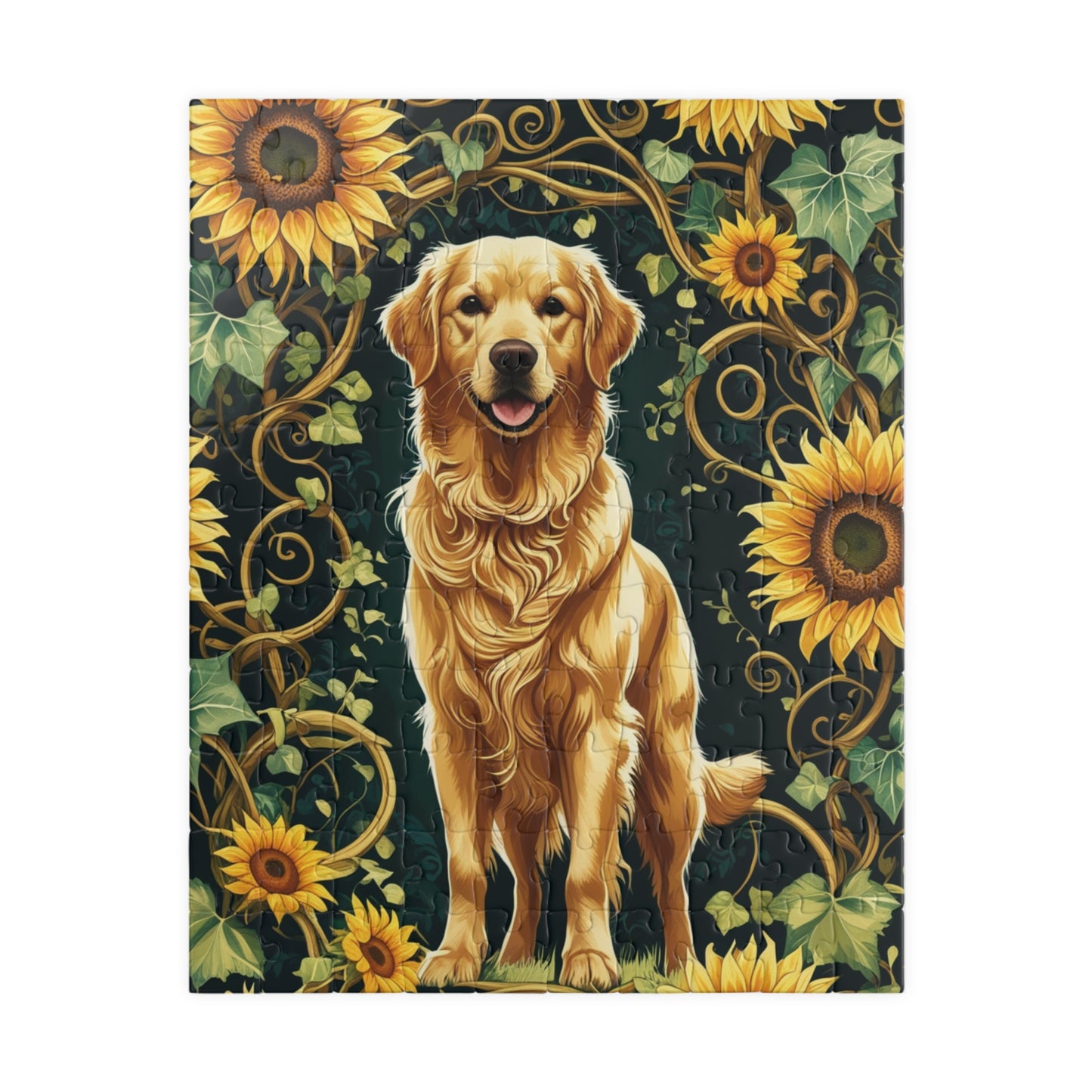 Vintage Golden Retriever Jigsaw Puzzle, Floral Sunflower Dog Themed Game for Family Fun Leisure Activity, Pet Owner Best Unique Gift, Hobby 110 pcs (Vertical) Puzzle The Puzzle Chest