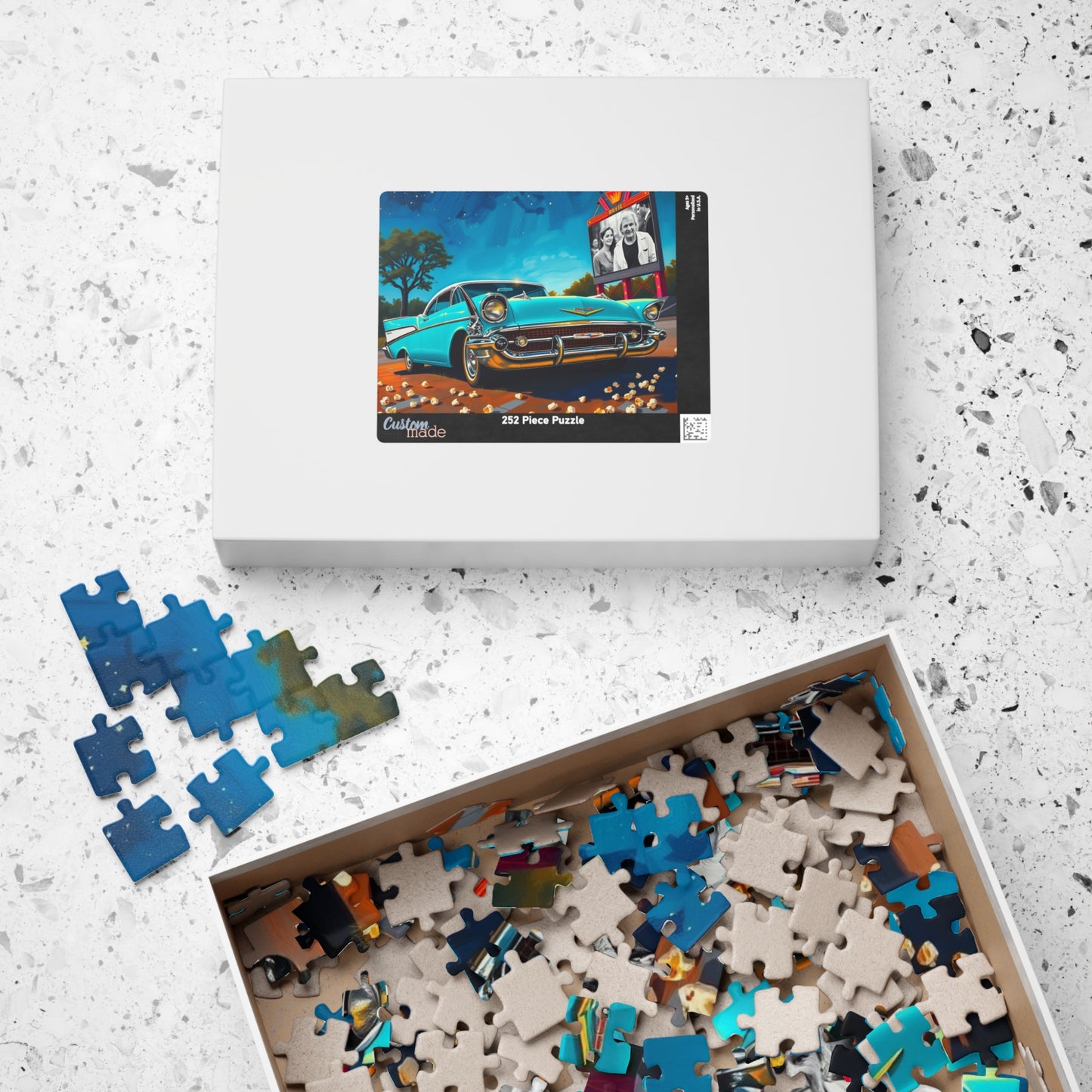 Nostalgic 1950s Car Puzzle, Turquoise Bel Air at Neon-Lit Drive-In, Classic American Car Enthusiast, Best Gift for Him, Mindfulness Puzzle The Puzzle Chest