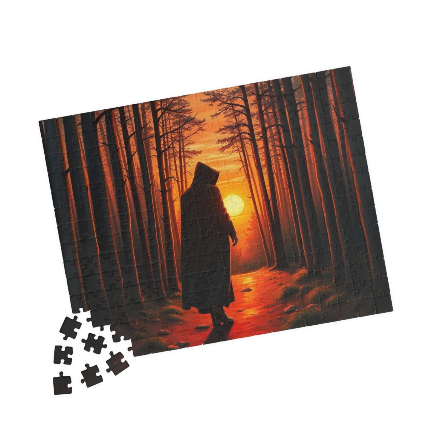 The Silent Passage Jigsaw Puzzle - Cloaked Figure Hollow Grove Eerie Sunset, Gothic Puzzle, Moody Landscape Puzzle, Dark Fantasy Art Puzzle Puzzle The Puzzle Chest