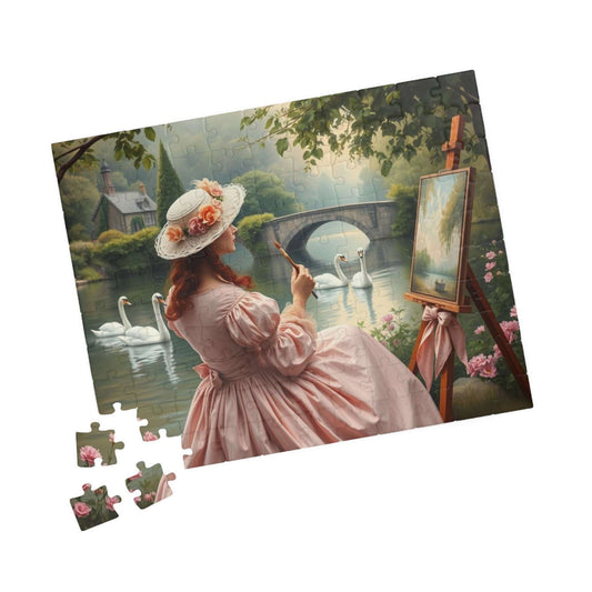 Romantic Lake Painting Jigsaw Puzzle - Victorian Woman, Swans, Stone Bridge & Blossoms, Vintage Style Gift for Art Lover 110 pcs (Horizontal) Puzzle The Puzzle Chest
