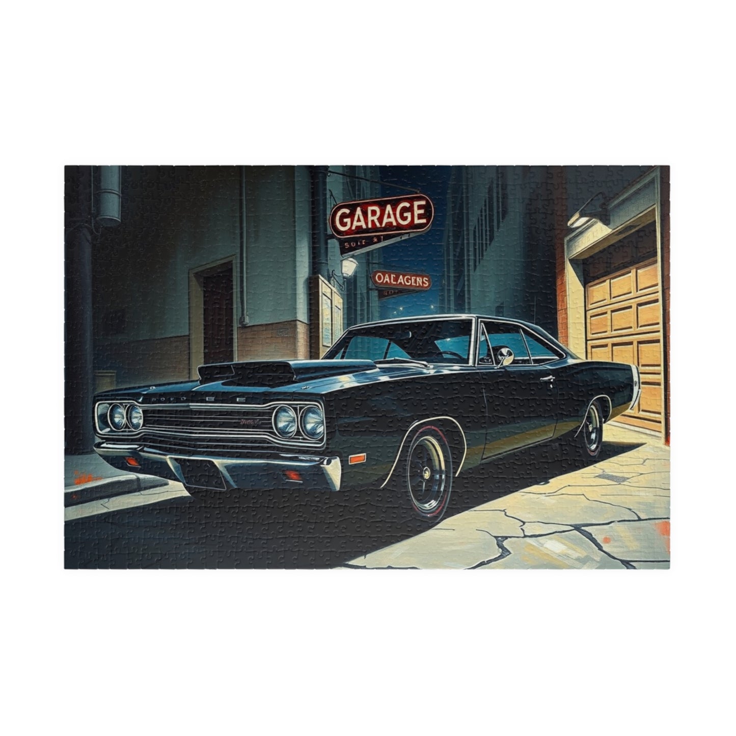 Vintage Muscle Car Jigsaw Puzzle, Classic Black 1968 Dodge Super Bee, Retro Vehicle Dramatic Urban Night Scene, Puzzle Lover Gift for Him 1014 pcs (Horizontal) Puzzle The Puzzle Chest