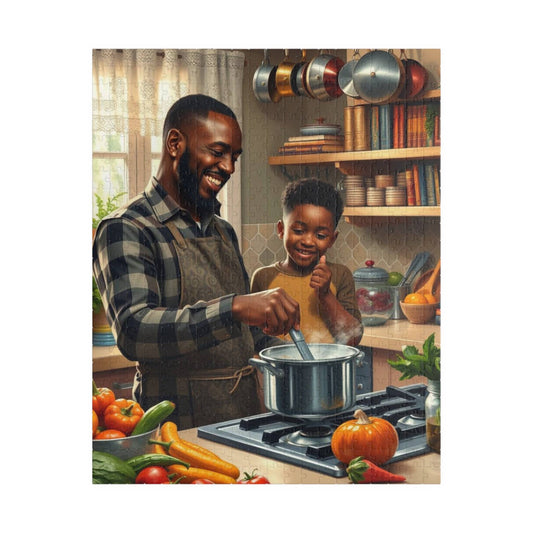 Black Family Cooking Jigsaw Puzzle - African American Father and Son Kitchen Scene, Afrocentric Art Puzzle The Puzzle Chest