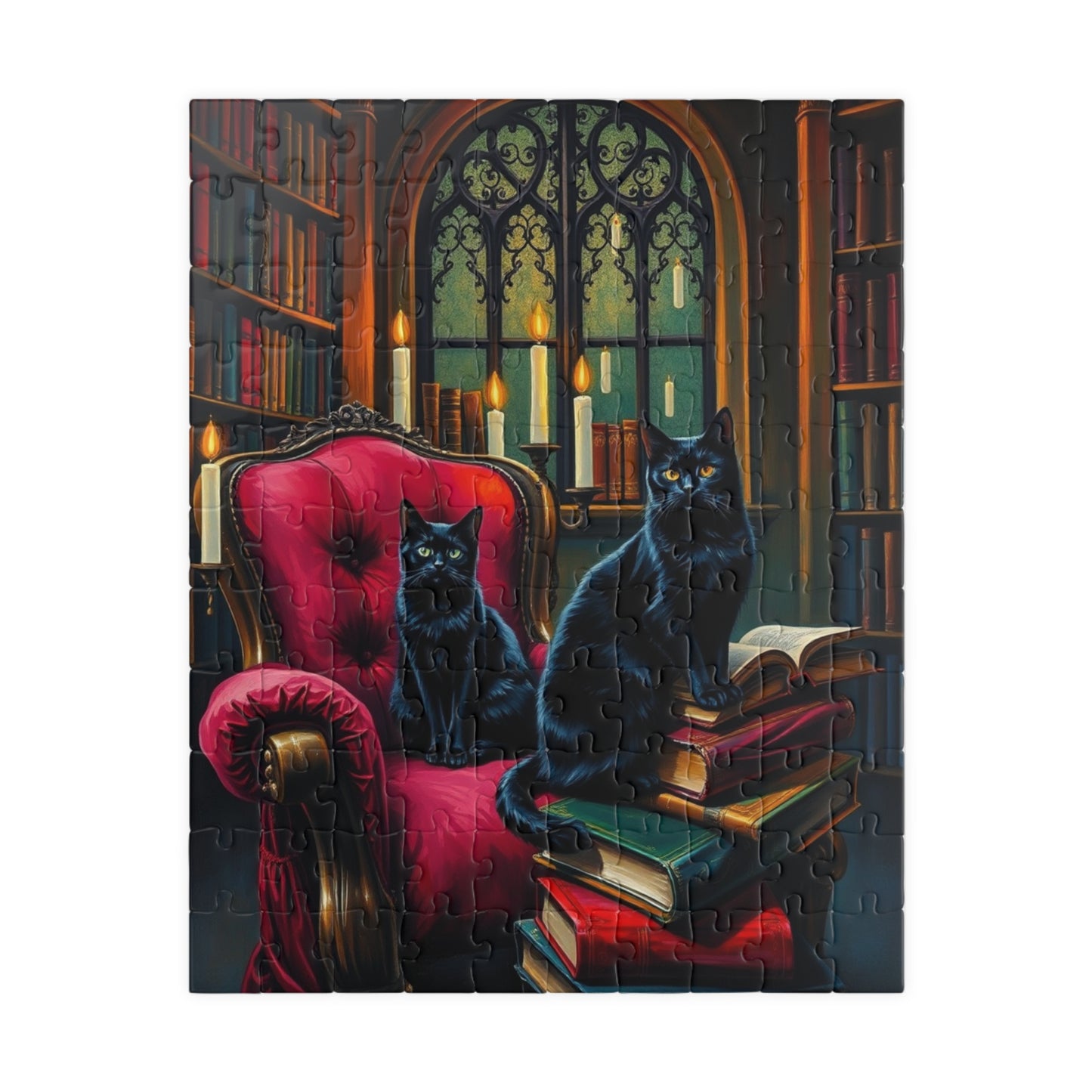 Black Cat Bookshelf Gothic Puzzle, Cozy Kittens in Library Study Room, Family Activity or Solo Fun, Pet Themed Puzzle, Animal Lover Gift 110 pcs (Vertical) Puzzle The Puzzle Chest