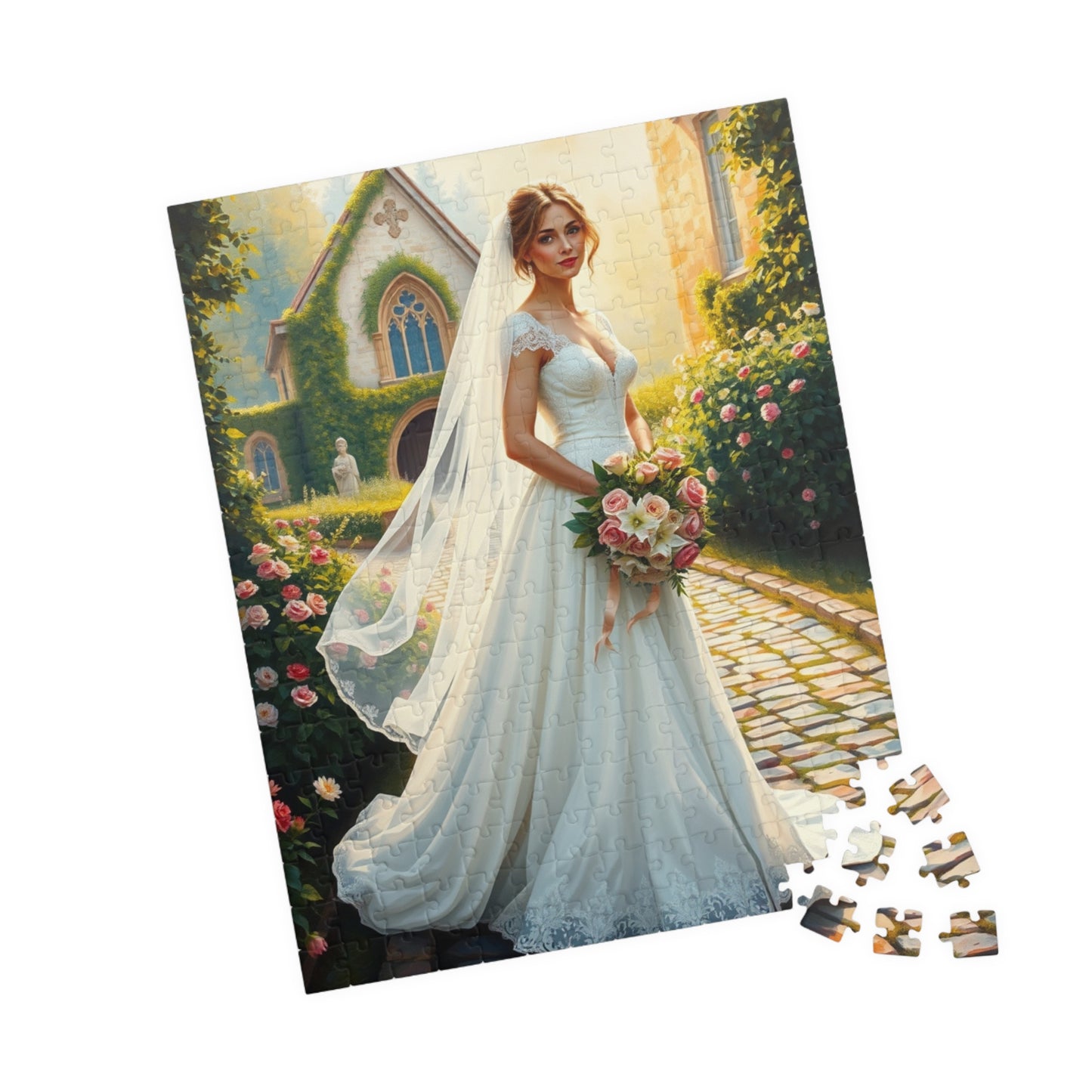 Elegant Italian Bride Jigsaw Puzzle, White Gown Rose and Lily Bouquet, Tuscan Chapel Romantic Wedding, Unique Puzzle Enthusiast Gift Hobby Puzzle The Puzzle Chest