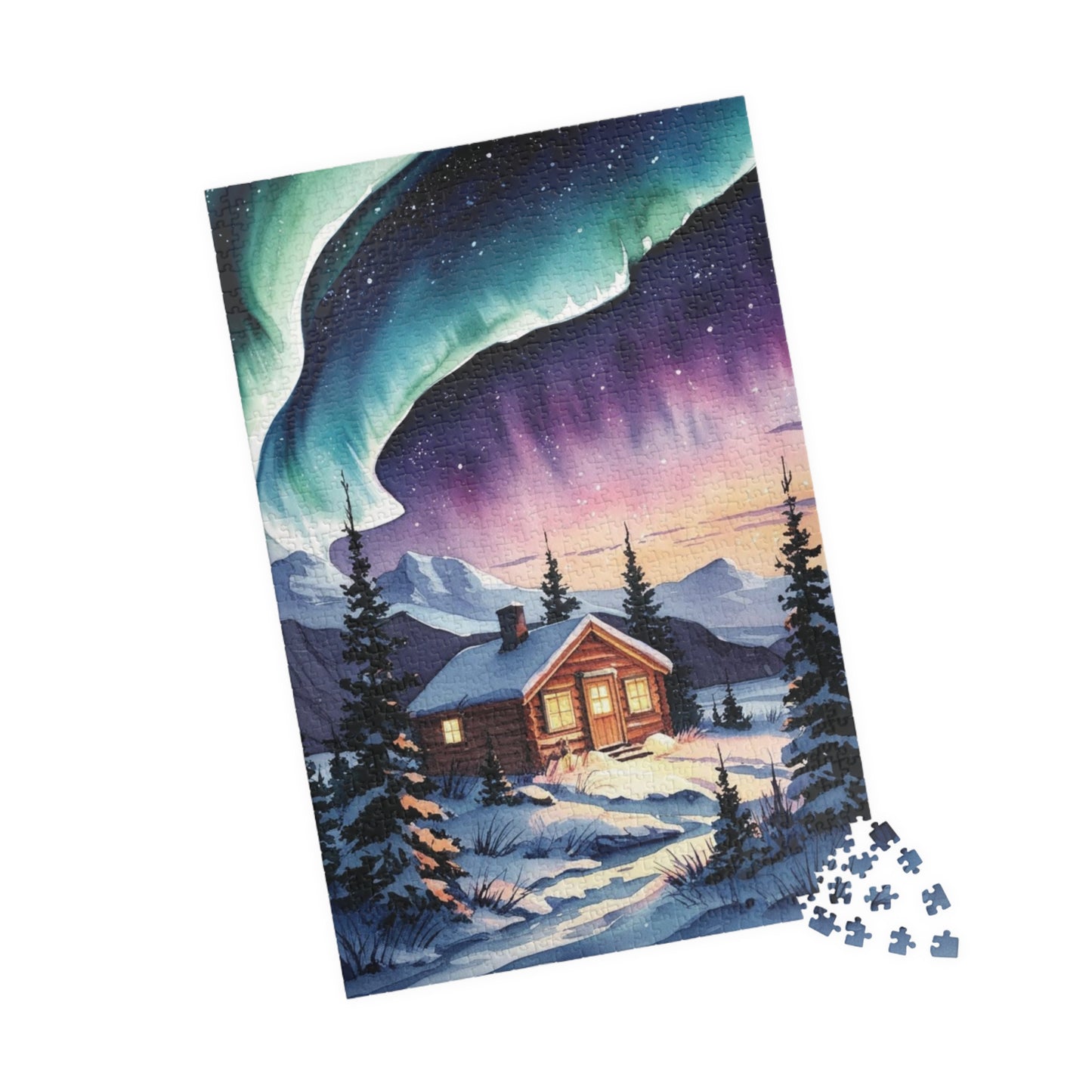 Northern Lights Landscape Puzzle, Aurora Borealis Snowy Cabin Watercolor Jigsaw Game, Hobby, Puzzle Lover Gift, Frameable Art, Relaxation Puzzle The Puzzle Chest