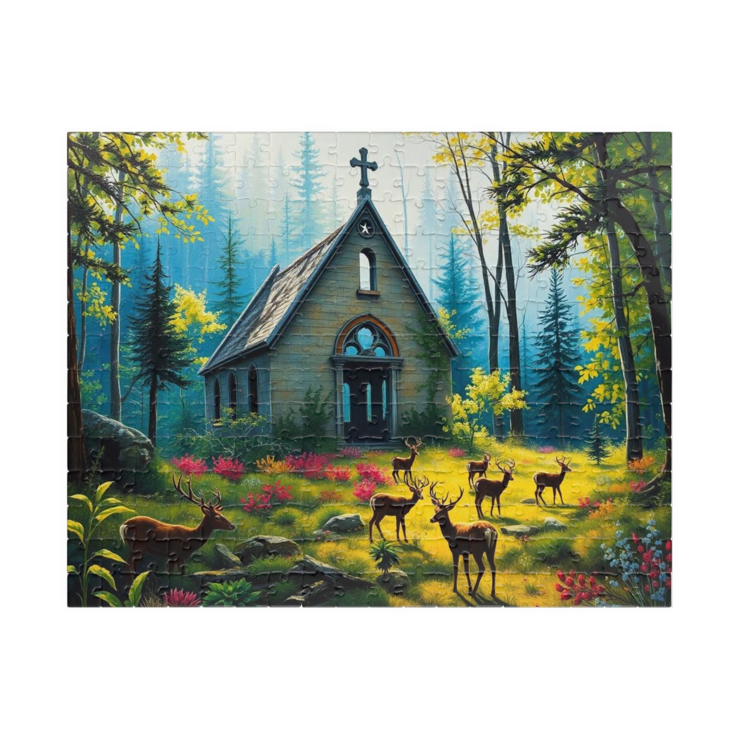 Sancturary Reclaimed Jigsaw Puzzle - Collapsed Chapel in Forest, Deer Puzzle, Gothic Puzzle, Serene Nature Puzzle, Wildlife Art Print 252 pcs (Horizontal) Puzzle The Puzzle Chest