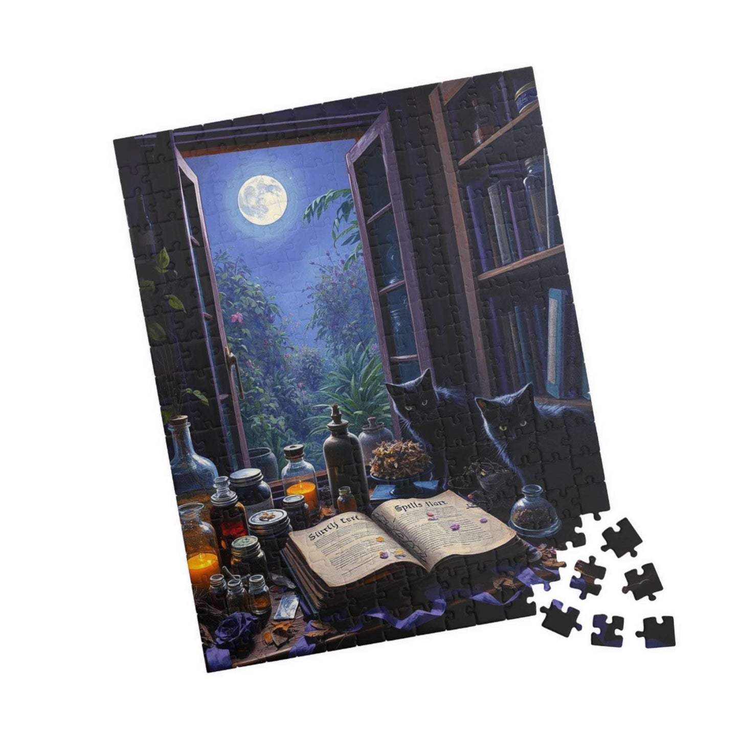 Alchemy in Bloom Jigsaw Puzzle - Mystical Moonlight Cat Puzzle, Enchanting 110-520 piece Game Ideal for Cozy Night In, Gift for Puzzle Lover