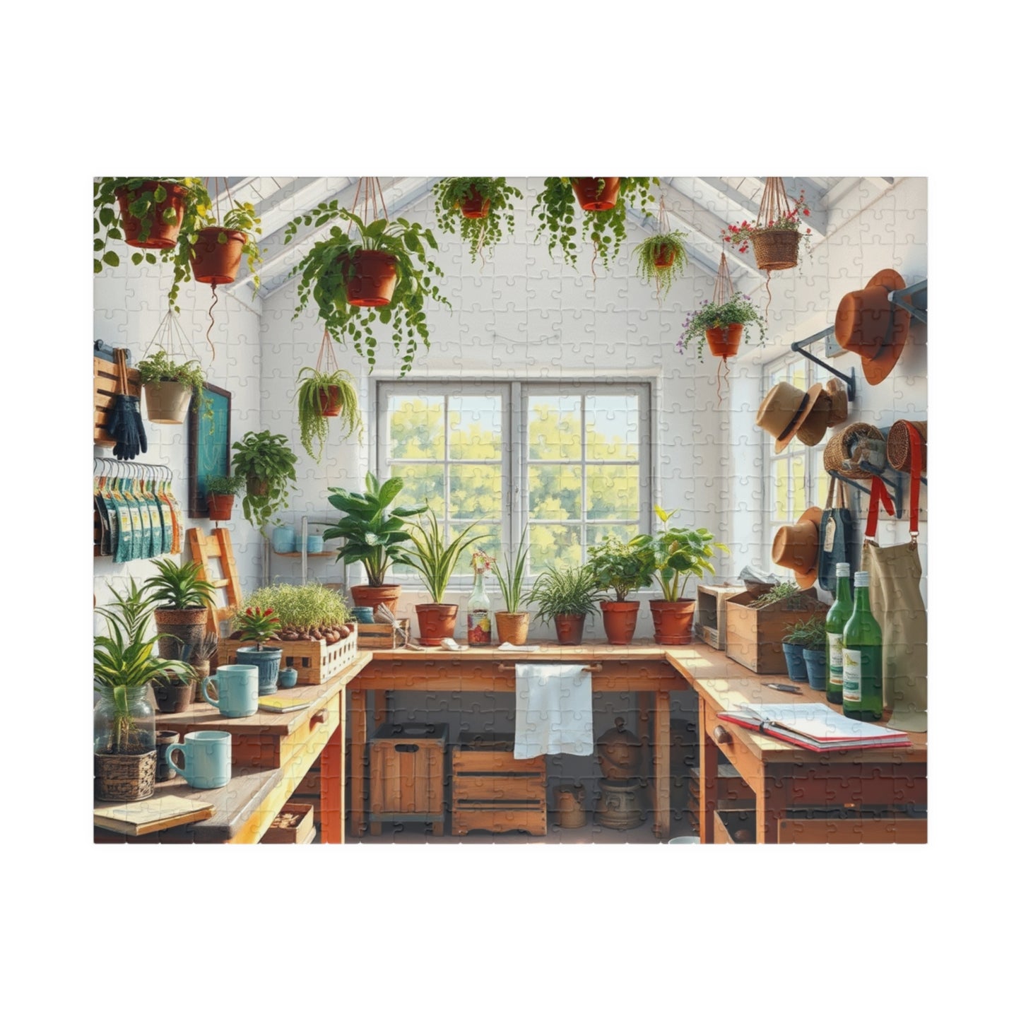 Bright Airy Garden Workshop Puzzle Featuring Wooden Crates, Hanging Plants and Whitewashed Walls, Gardening Lovers Jigsaw Game, Mindful Gift 520 pcs (Horizontal) Puzzle The Puzzle Chest