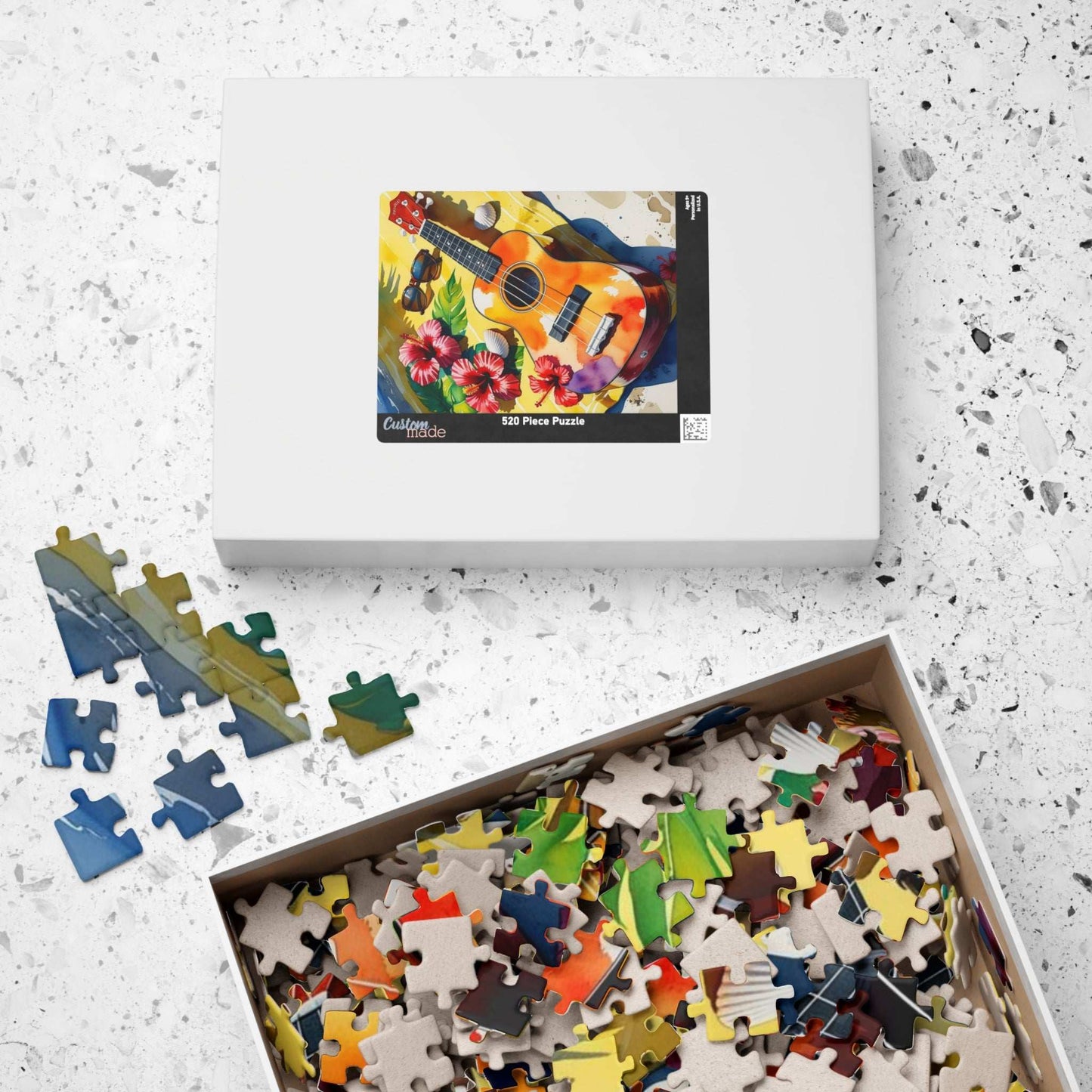 Tropical Beach Ukulele Puzzle with Hibiscus, Seashells, Sunglasses - Summer Gift Puzzle The Puzzle Chest