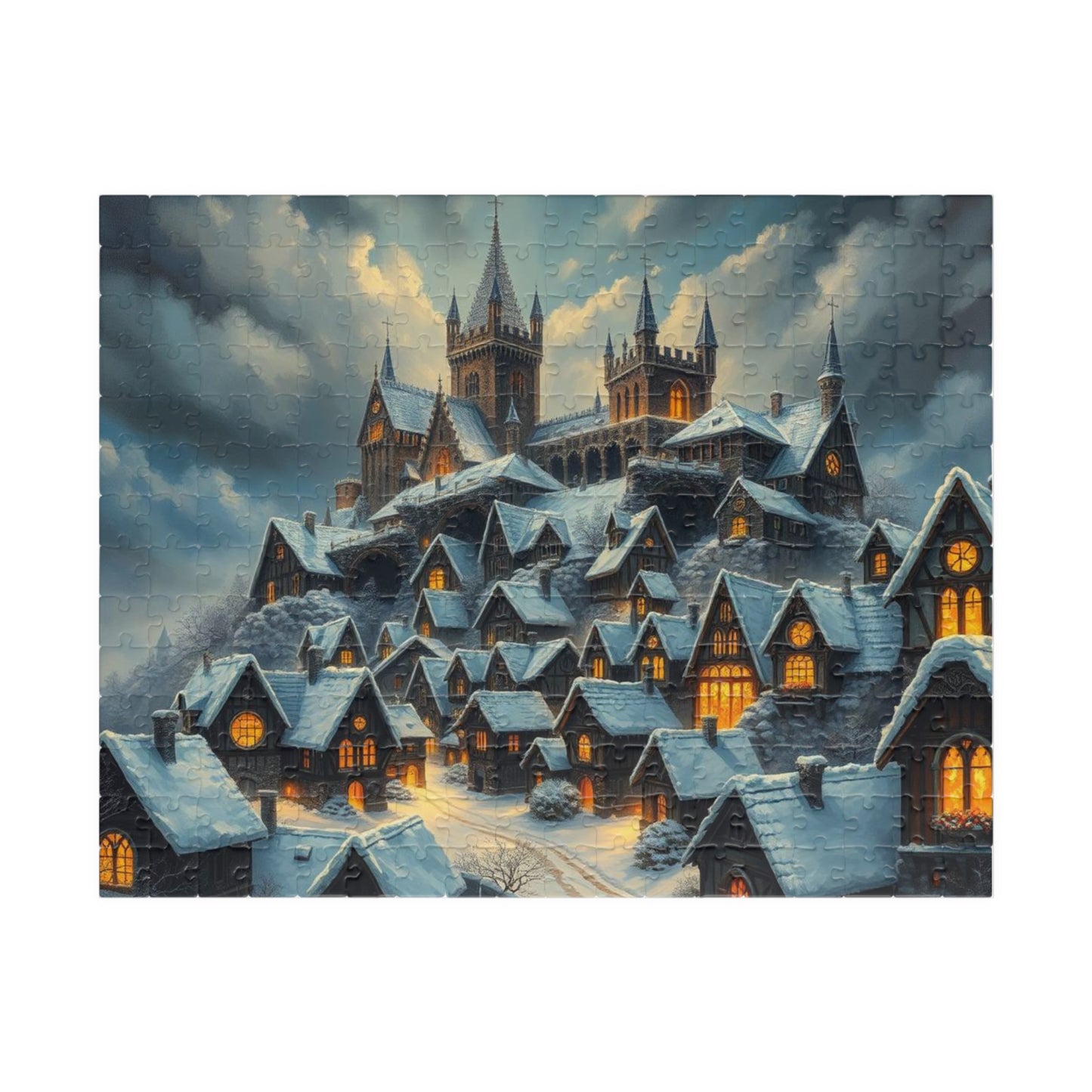 Gothic Hearths Winter Village Jigsaw Puzzle, Gothic Art Print of Enchanting Winter Castle, Puzzle Lover Gift for Dark Fantasy Enthusiasts 252 pcs (Horizontal) Puzzle The Puzzle Chest
