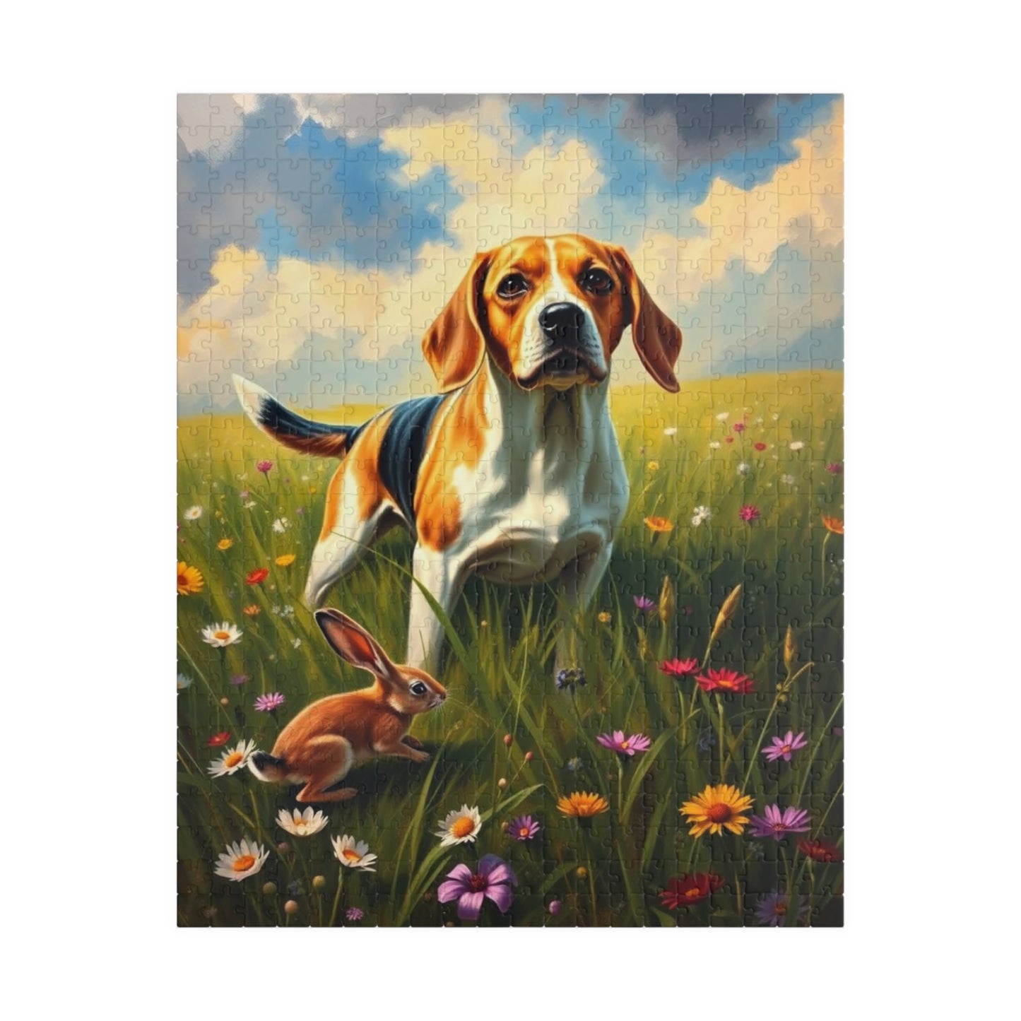 Dog and Rabbit Jigsaw Puzzle - Beagle in Wildflower Meadow, Family Game Night, Gift for Animal Lovers, Home Entertainment 520 pcs (Vertical) Puzzle The Puzzle Chest