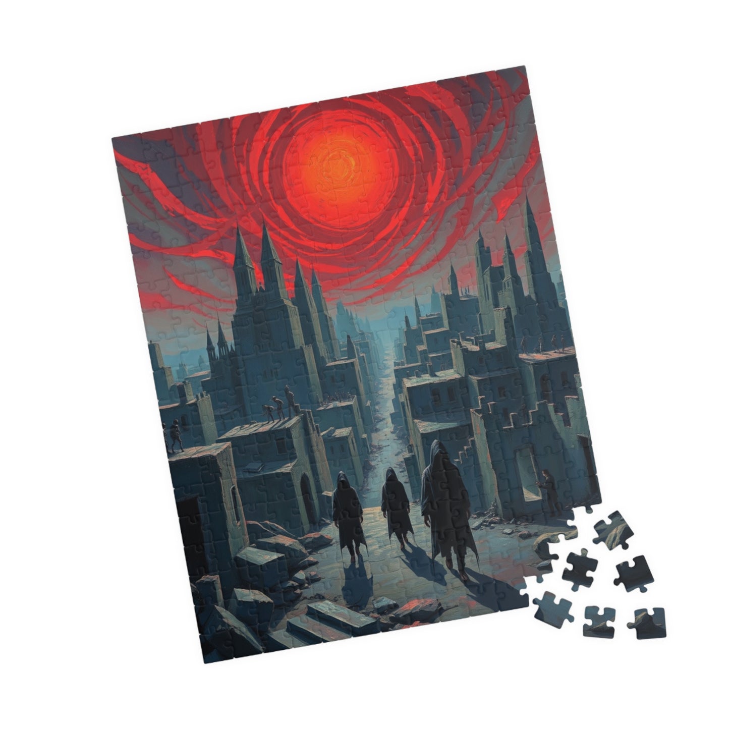 Gothic Puzzle - Desolate City Blood-Red Sky, 110-1014 Piece Jigsaw Game, Skeleton Figures, Hooded Wanderers, Spooky Dark Art, Giftable Puzzle The Puzzle Chest