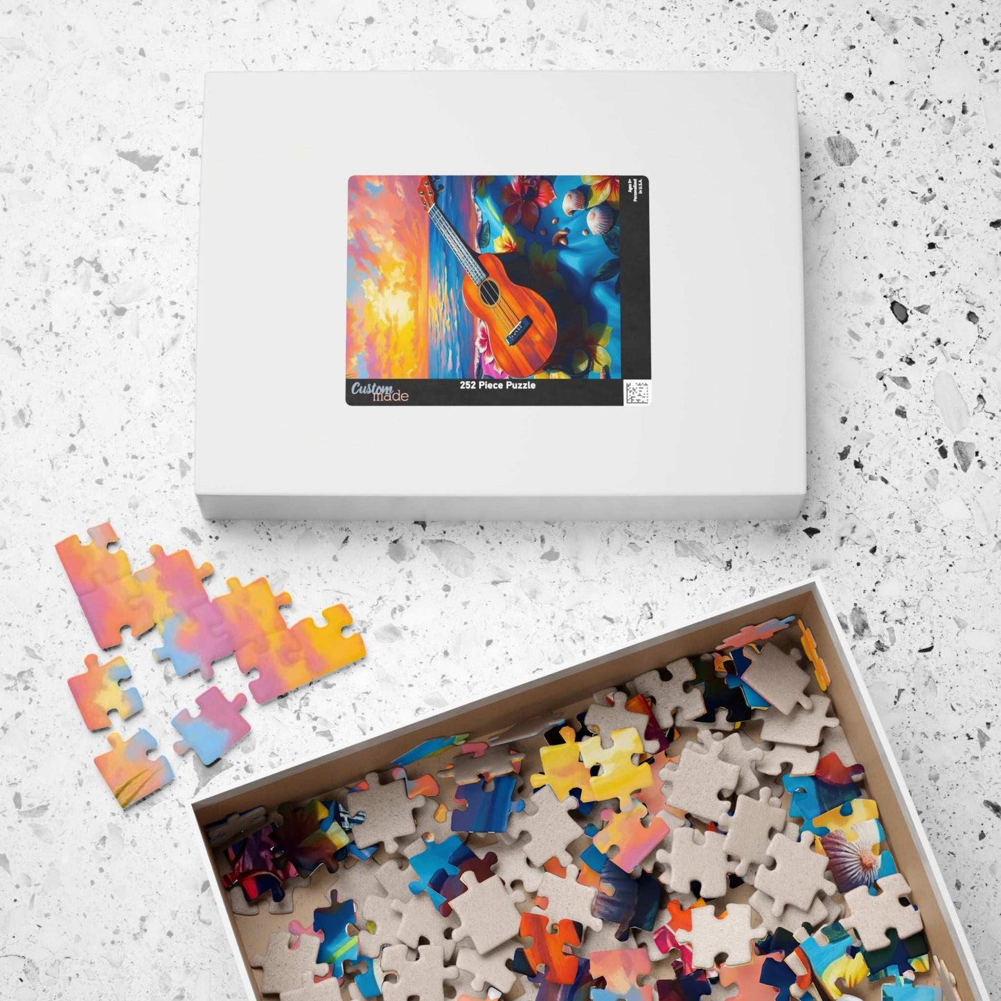 Ukulele Beach Vibes Jigsaw Puzzle - Tropical Hibiscus Towel, Seashells & Sunglasses, Holiday Birthday Gift for Music Lover, Musician