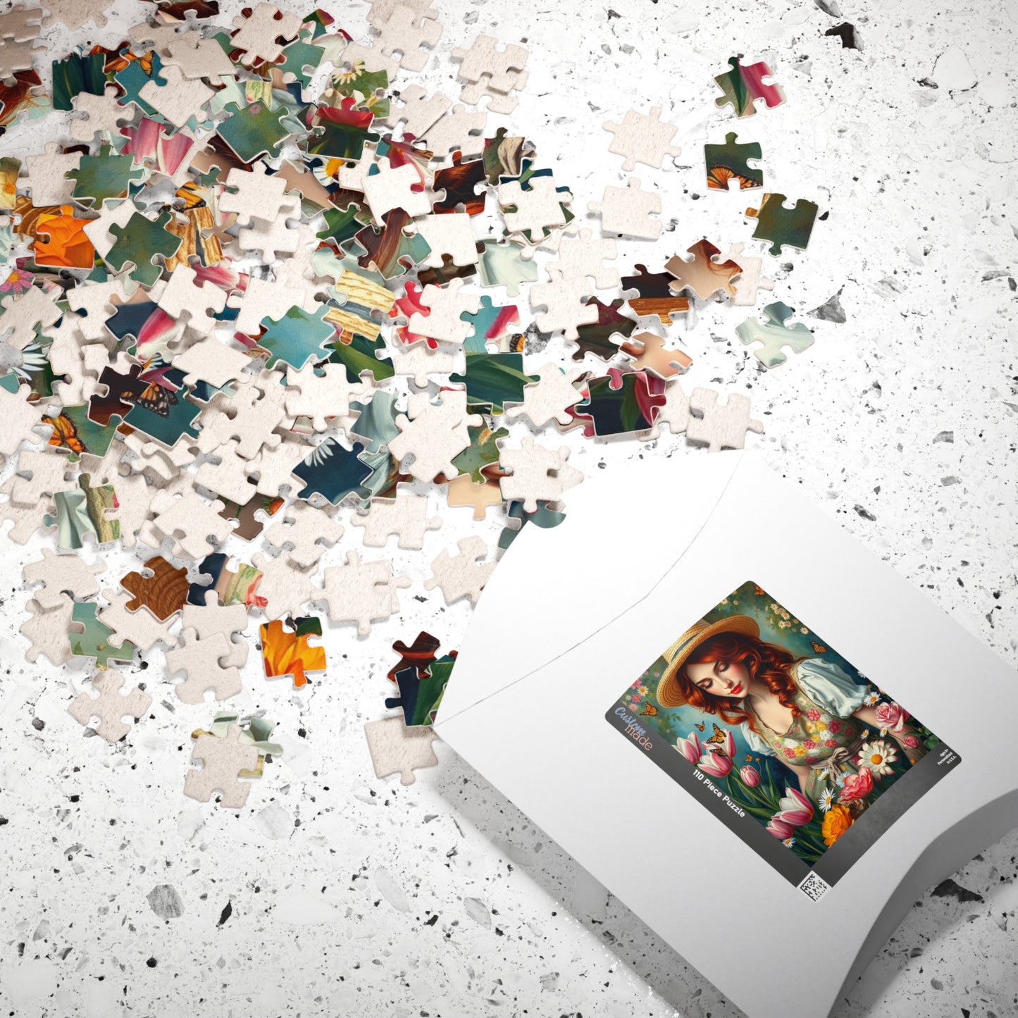 Jigsaw Puzzle, Woman Gardening Among Tulips, Daisies, Roses - 110, 252, 520, 1014-piece, Floral Apron, Straw Hat, Red Hair, Relaxing Puzzle The Puzzle Chest