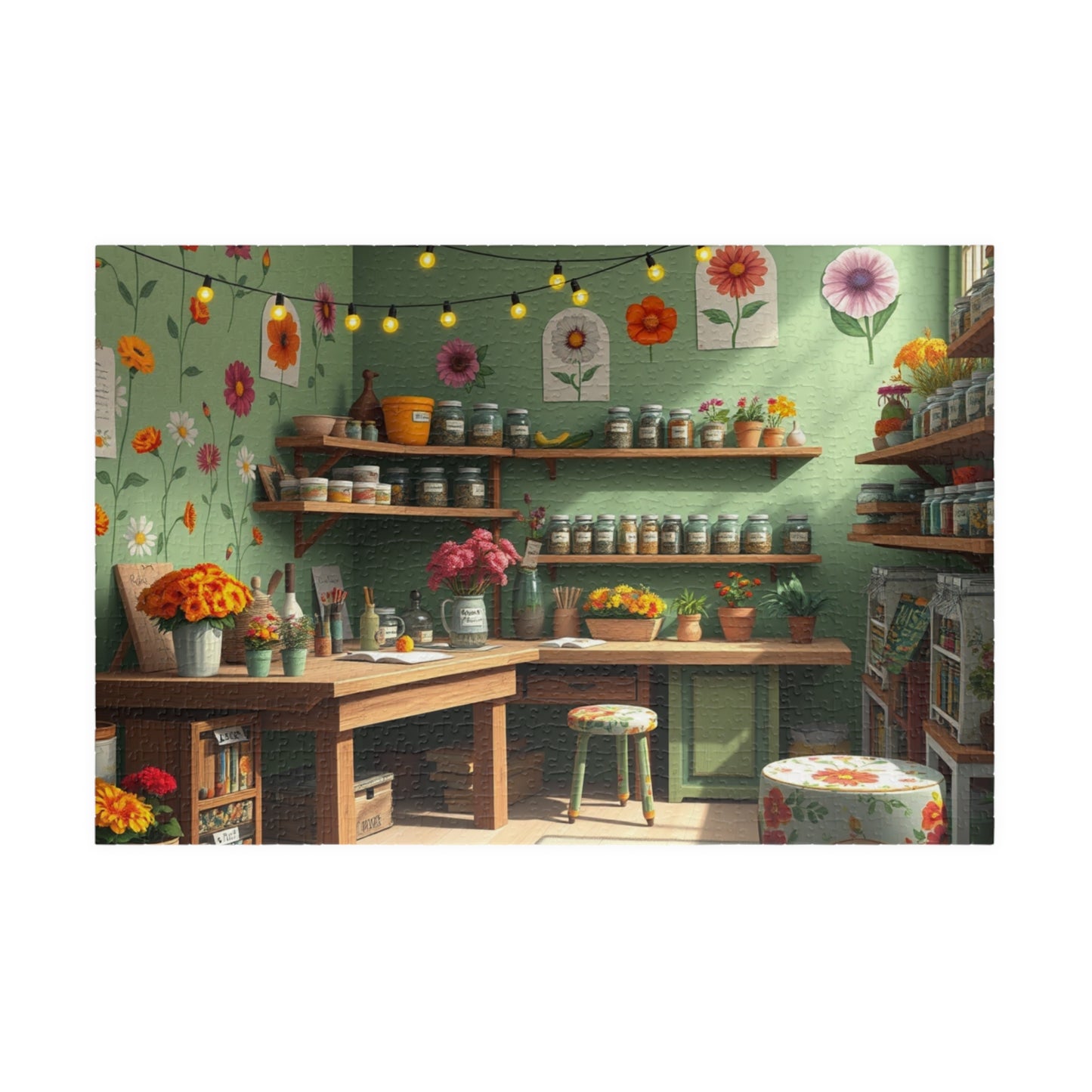 Country Garden Workshop Puzzle (110-1014 Piece), Colorful Flower Illustrations Sage Green Walls and String Lights, Plant Enthusiast Gift 1014 pcs (Horizontal) Puzzle The Puzzle Chest