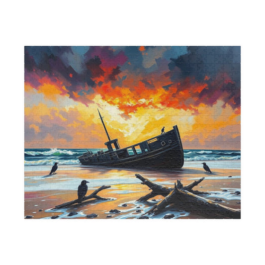 Solitude at the Shore Jigsaw Puzzle, Sunset Landscape Shipwreck, Gothic Puzzle, Dark Art Puzzle, Solo Fun, Game Night, Gift for Puzzle Lover 520 pcs (Horizontal) Puzzle The Puzzle Chest
