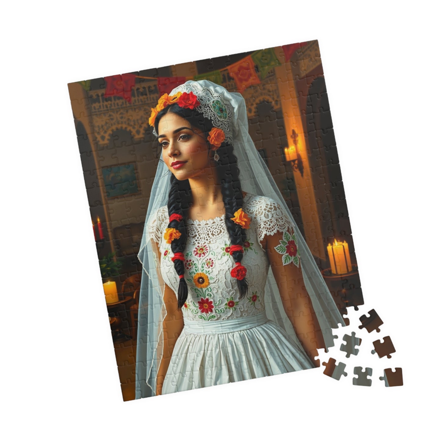 Elegant Mexican Bride Puzzle with Papel Picado Background, Hacienda Courtyard Wedding Jigsaw, Unique Gift for Puzzle Enthusiast Hobbyist Puzzle The Puzzle Chest