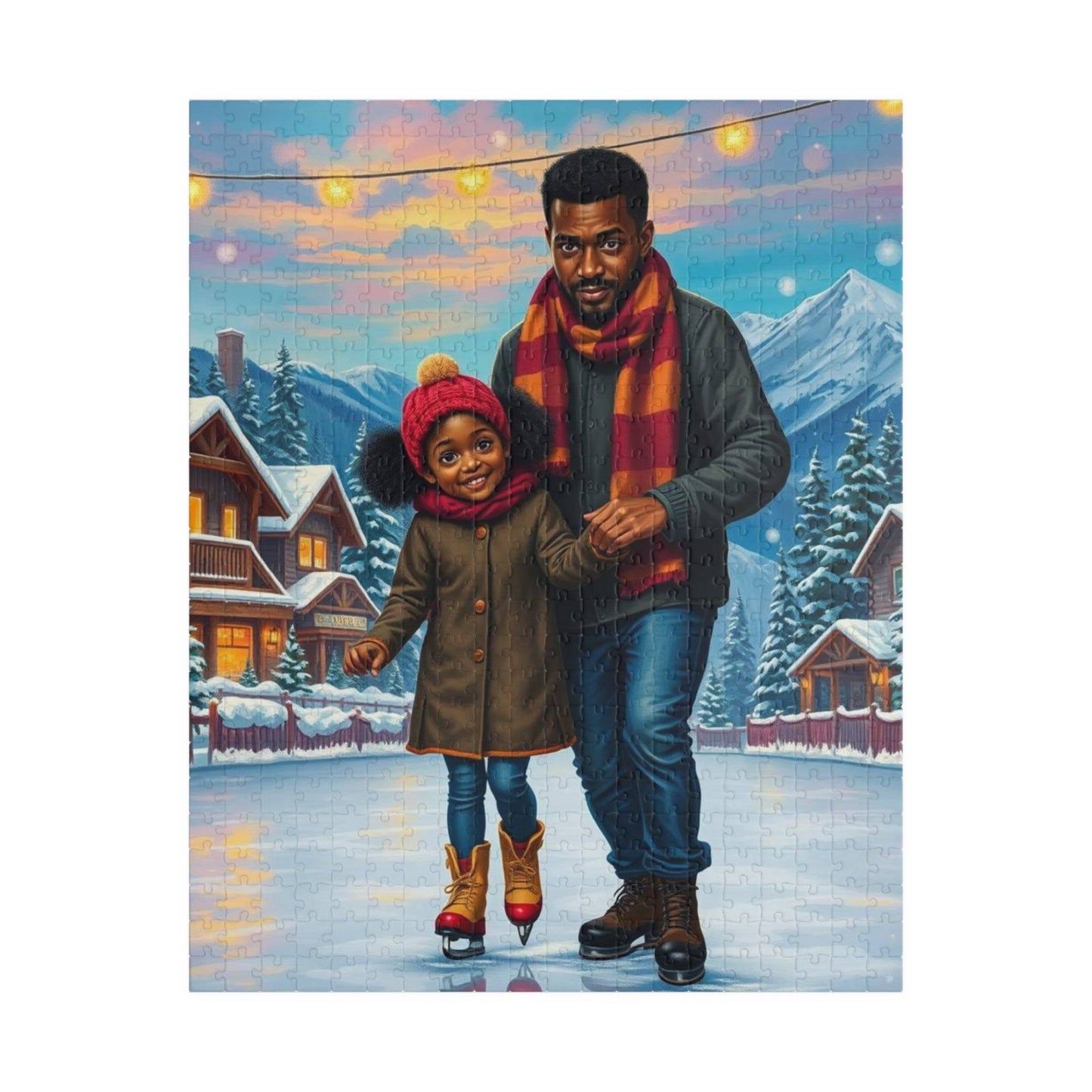 Father and Daughter Ice-skating Trip Jigsaw Puzzle, Afrocentric Artwork, Black Man Art Puzzle The Puzzle Chest