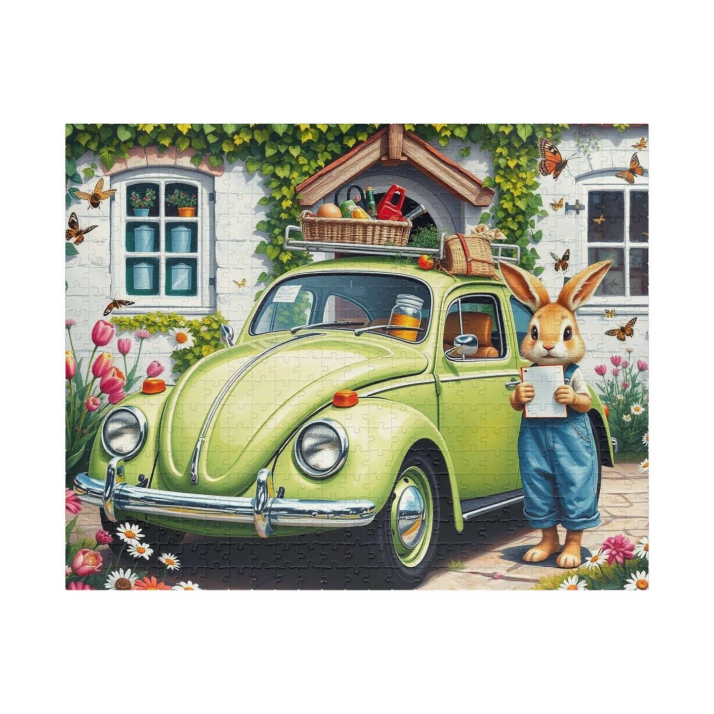 Springtime Garden Delivery Vintage Car Puzzle, Classic Retro Auto Jigsaw Game with Easter Rabbit 520 pcs (Horizontal) Puzzle The Puzzle Chest