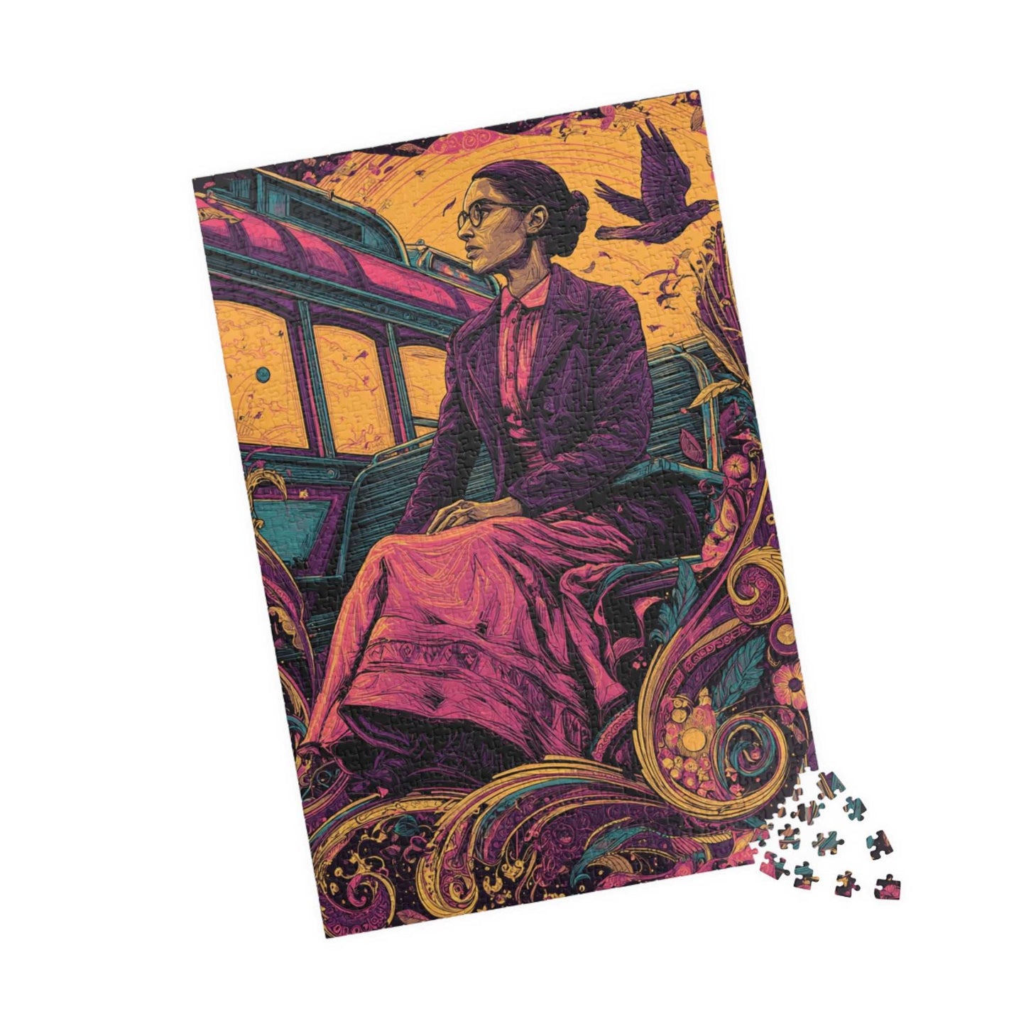 Rosa Parks Afrocentric Jigsaw Puzzle - Civil Rights Historical Black Figure Art with Ornate Floral Motifs and Bus Scene, Black Woman Art 1014 pcs (Vertical) Puzzle The Puzzle Chest