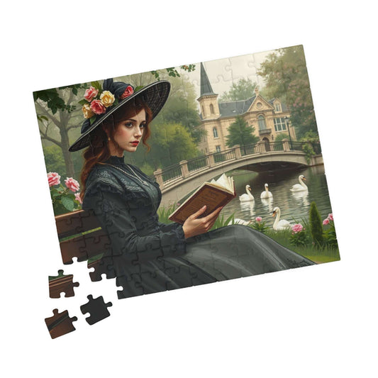 Tranquil Victorian Moment Jigsaw Puzzle - Woman Reading by a Swan-Filled Pond, Elegant 19th Century Scene 110 pcs (Horizontal) Puzzle The Puzzle Chest