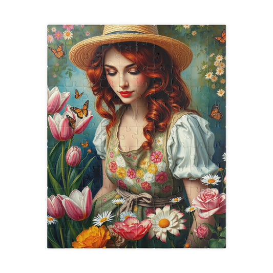 Jigsaw Puzzle, Woman Gardening Among Tulips, Daisies, Roses - 110, 252, 520, 1014-piece, Floral Apron, Straw Hat, Red Hair, Relaxing 110 pcs (Vertical) Puzzle The Puzzle Chest