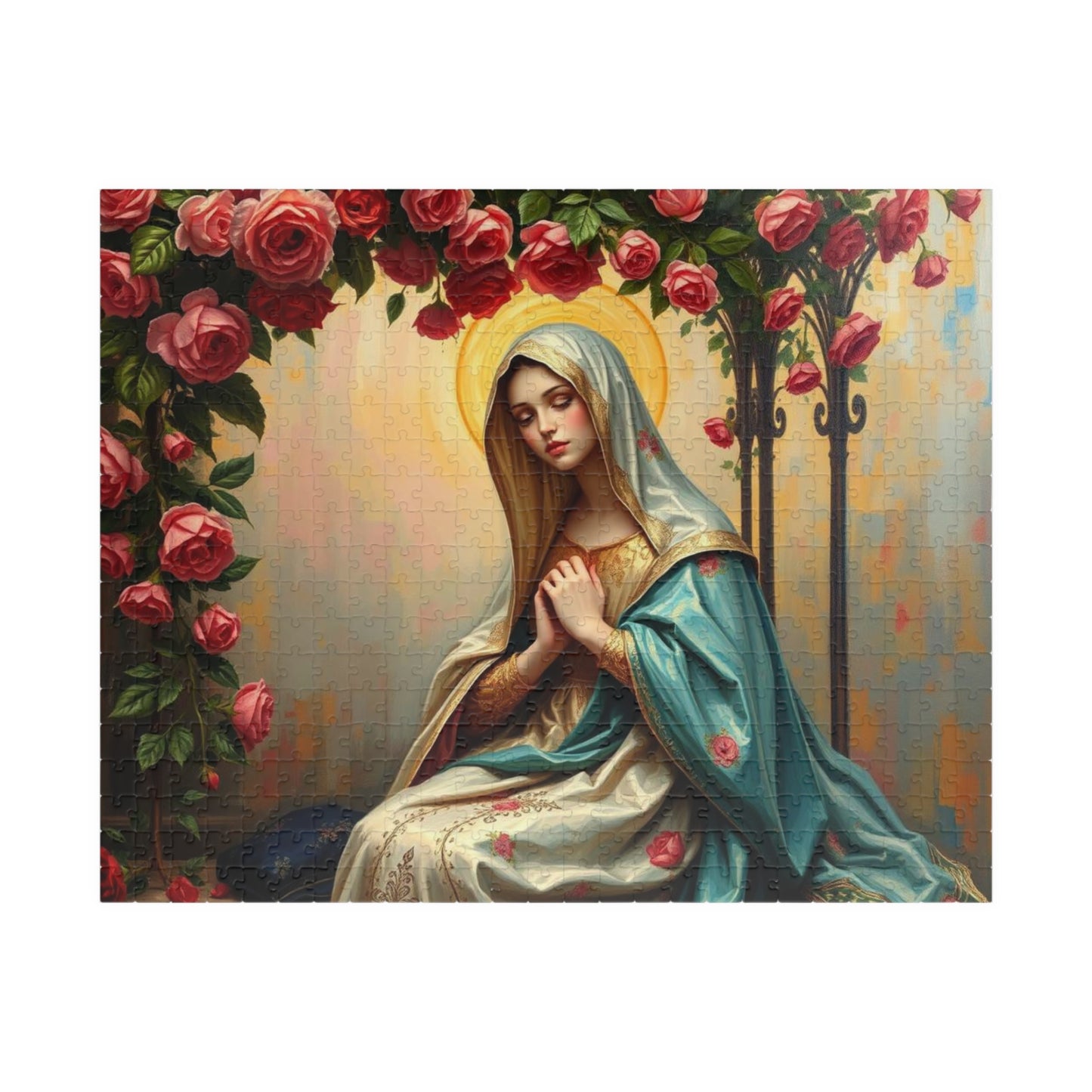Floral Virgin Mary Jigsaw Puzzle - 110/252/520/1014 pieces, Art Puzzle, Religious Gift, Home Decor, Family Activity, Gift for Holidays 520 pcs (Horizontal) Puzzle The Puzzle Chest