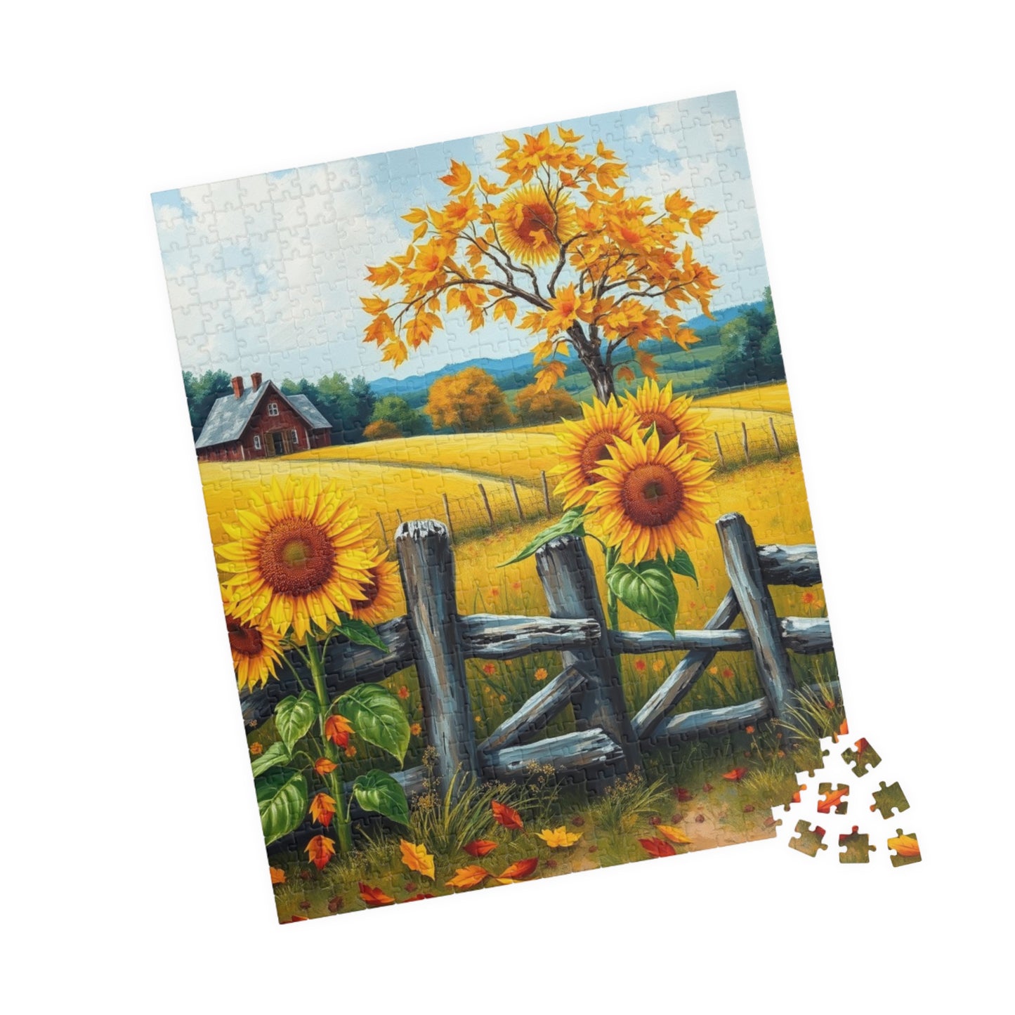Jigsaw Puzzle, Sunflower Field Landscape Puzzle, Autumn Leaves, Wooden Fence, 110-1014 Pieces, Relaxing Activity, Home Decor, Gift for Puzzle The Puzzle Chest