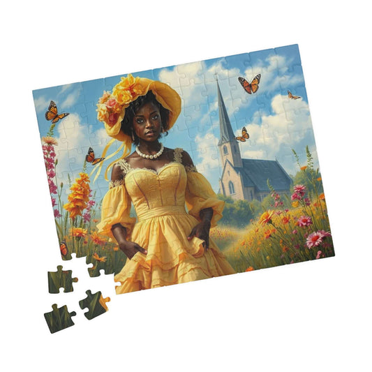 Victorian Puzzle - Black Woman in Ornate 19th-Century Dress in Wildflower Field, Afrocentric Art 110 pcs (Horizontal) Puzzle The Puzzle Chest
