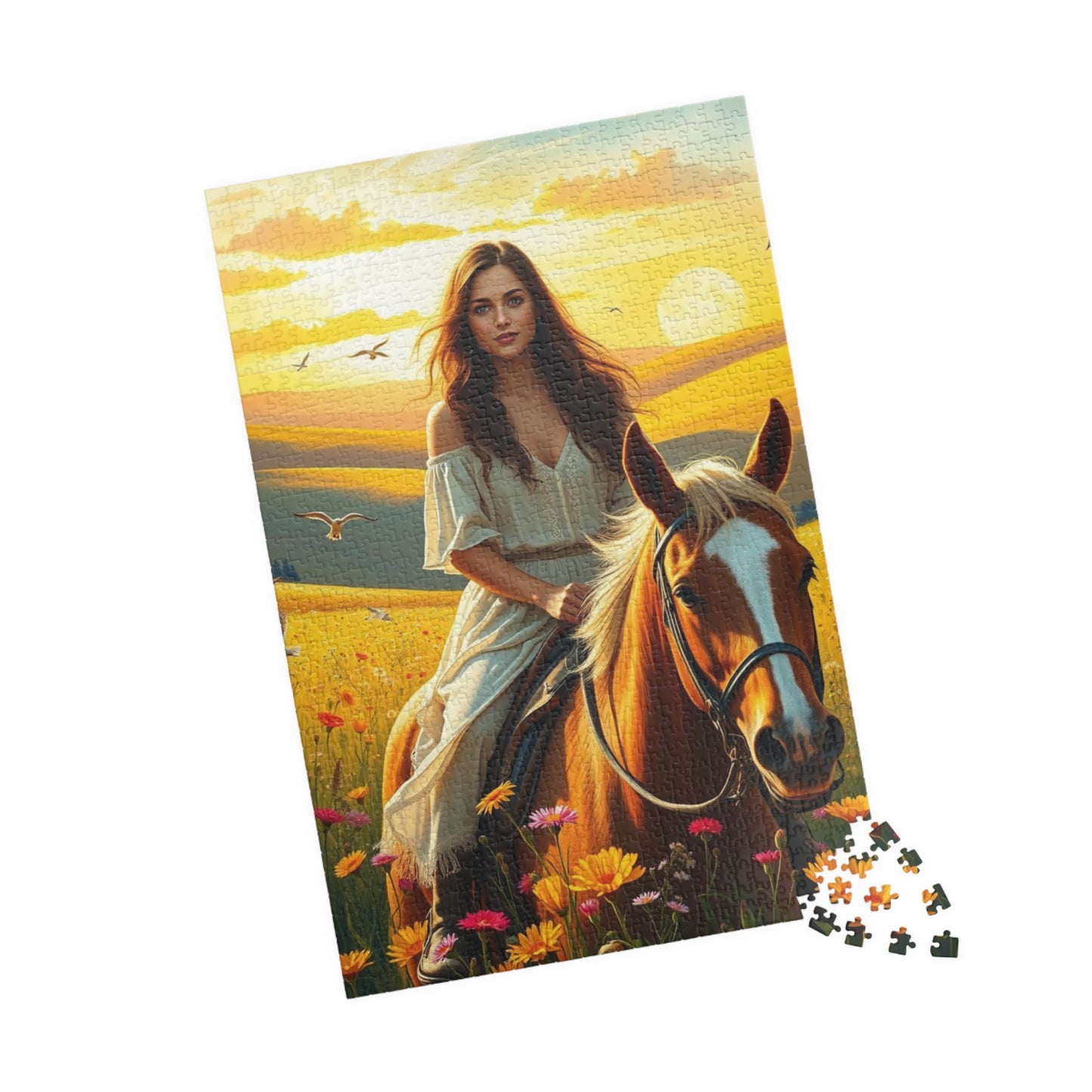 Woman on Horseback in Sunlit Wildflower Field Puzzle, Equestrian Horse Scene Jigsaw Game, Mindful Activity, Puzzle Animal and Art Lover Gift Puzzle The Puzzle Chest