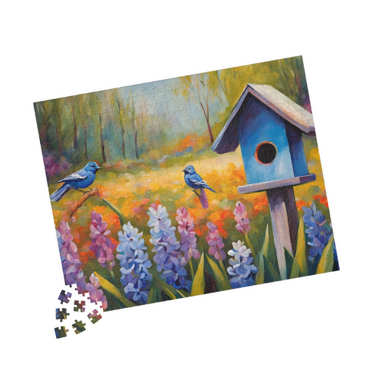 Jigsaw Puzzle, Charming Wooden Birdhouse Surrounded by Blooming Hyacinths and Birds, Mindfulness Activity, Indoor Entertainment, Family Puzzle The Puzzle Chest