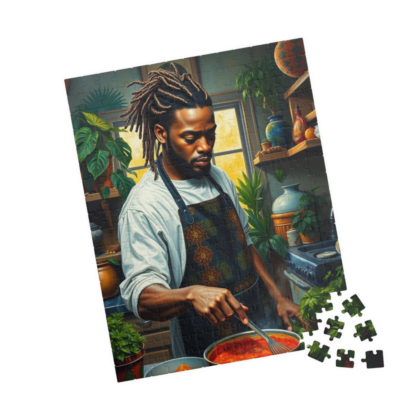 Culinary Black Art Puzzle, Black Man Jigsaw, Relaxing Kitchen Scene, Family Fun Gift for Food Lover Afro American Puzzle Game 252 pcs (Vertical) Puzzle The Puzzle Chest