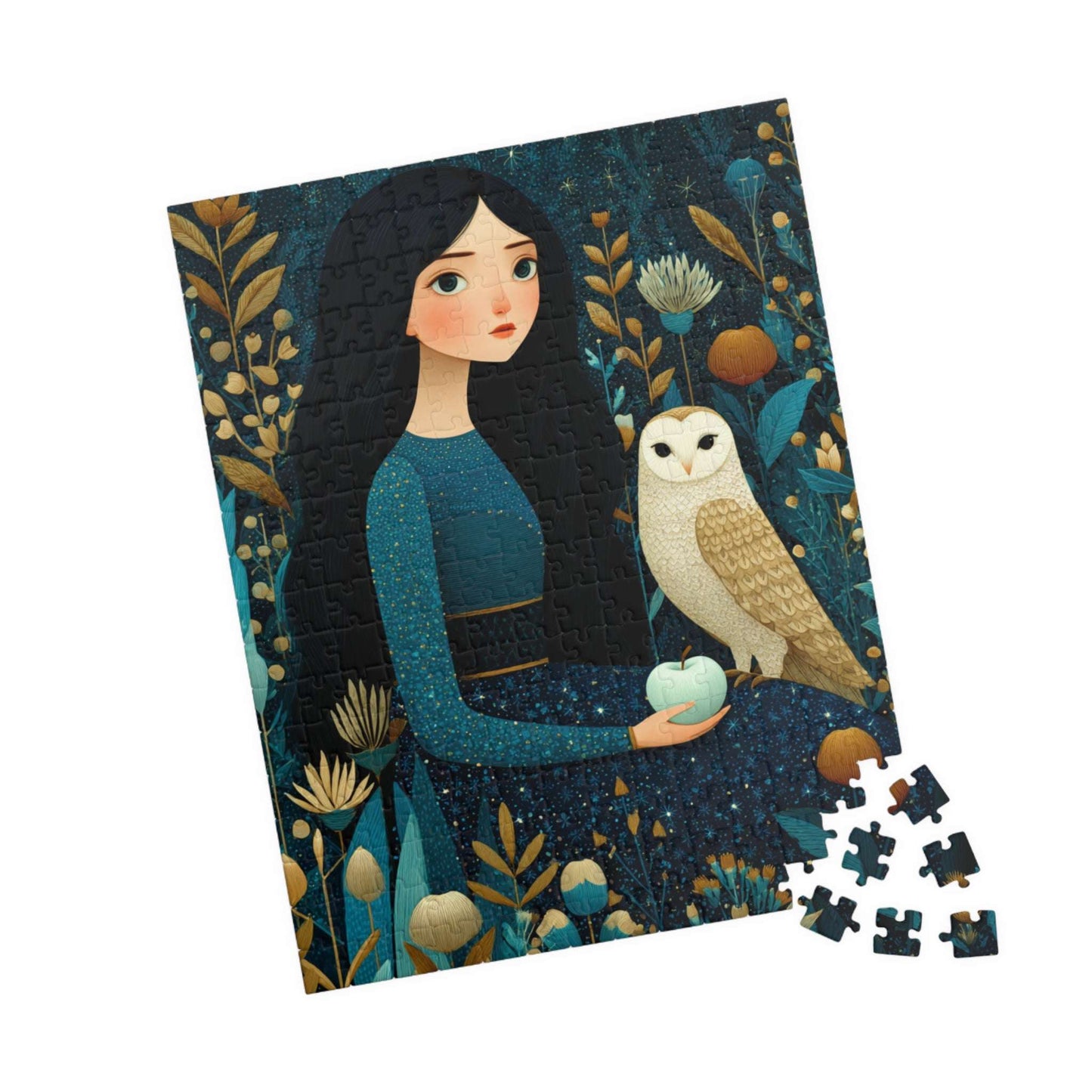 Moonlit Orchard Jigsaw Puzzle – Whimsical Autumn Puzzle for Adults, Girl with Owl and Silver Apples 252 pcs (Vertical) Puzzle The Puzzle Chest