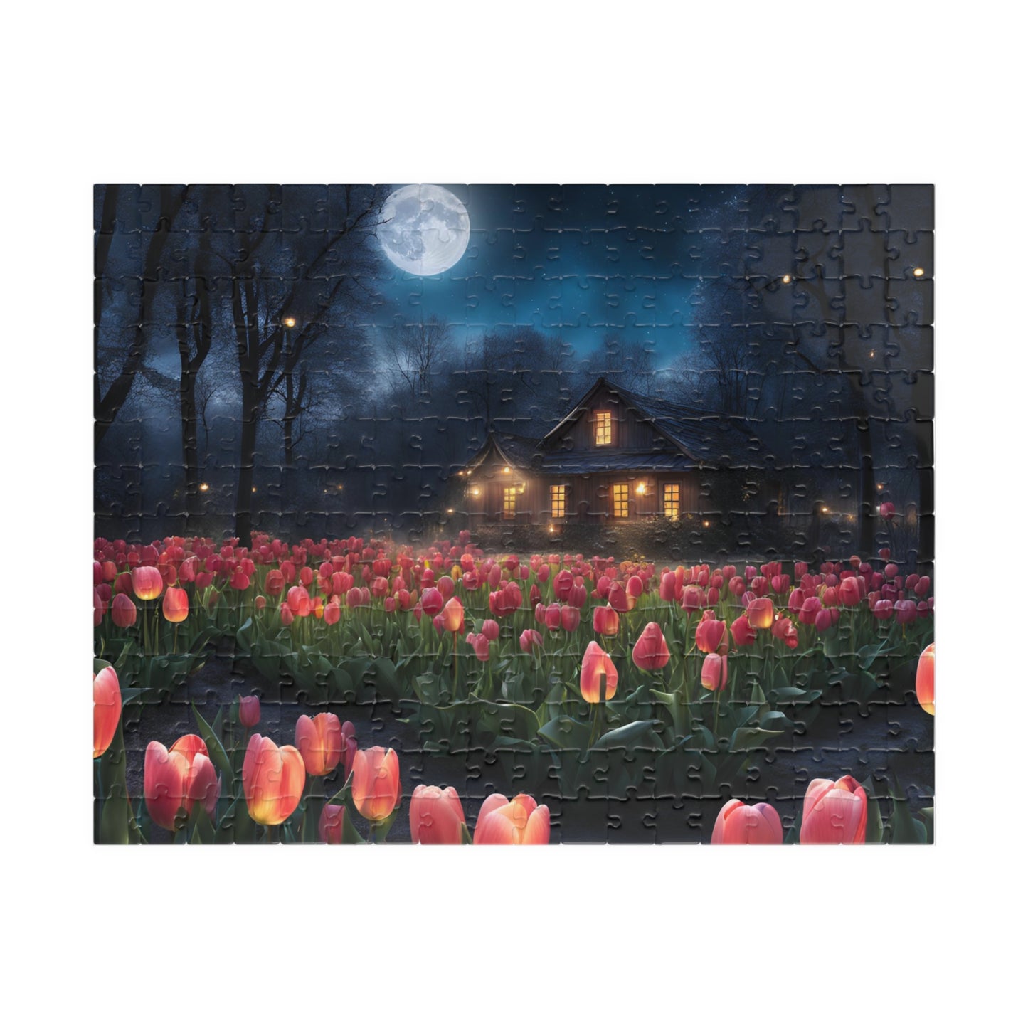 Moonlit Tulip Field Puzzle - Cozy Nighttime Landscape Puzzle, Nostalgic Vibe, Perfect Gift for Puzzle Lover, Fun Family Activity, Relaxation 252 pcs (Horizontal) Puzzle The Puzzle Chest