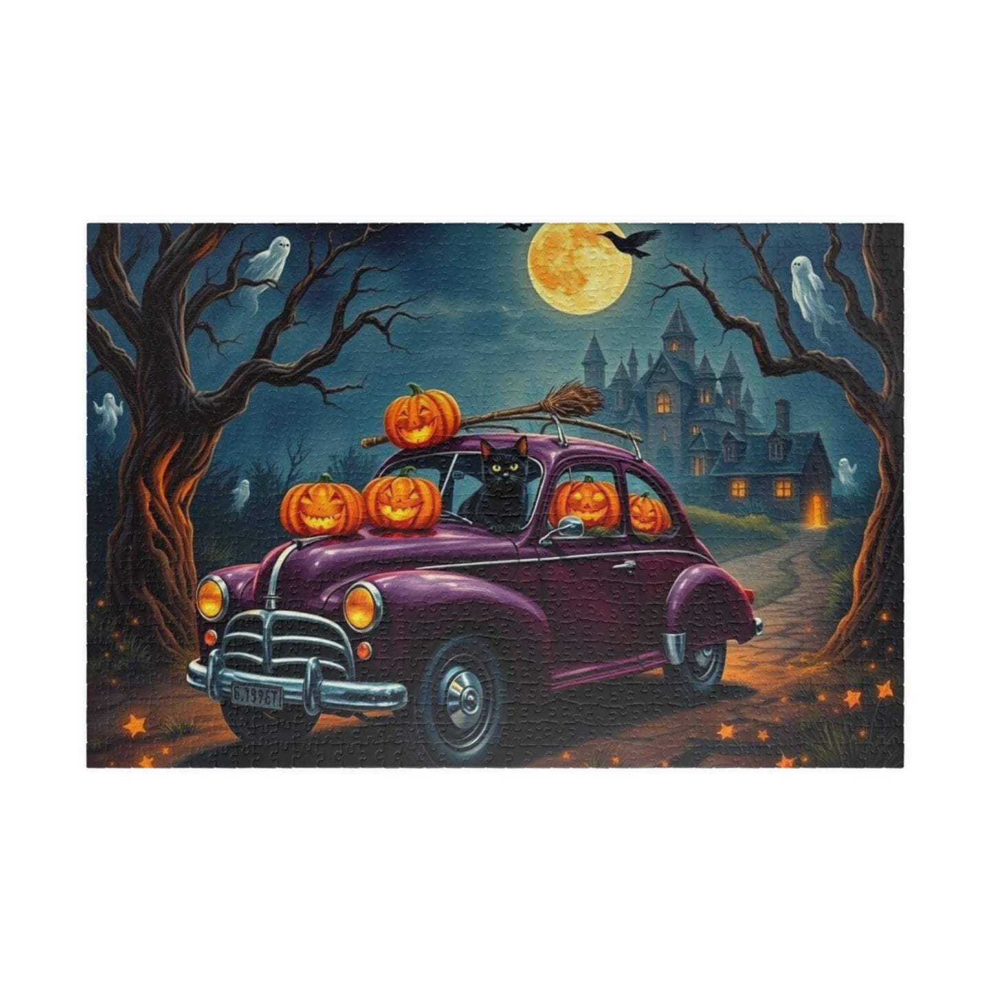 Halloween-Themed Vintage Car Jigsaw Puzzle with Cats, Ghosts and Pumpkins