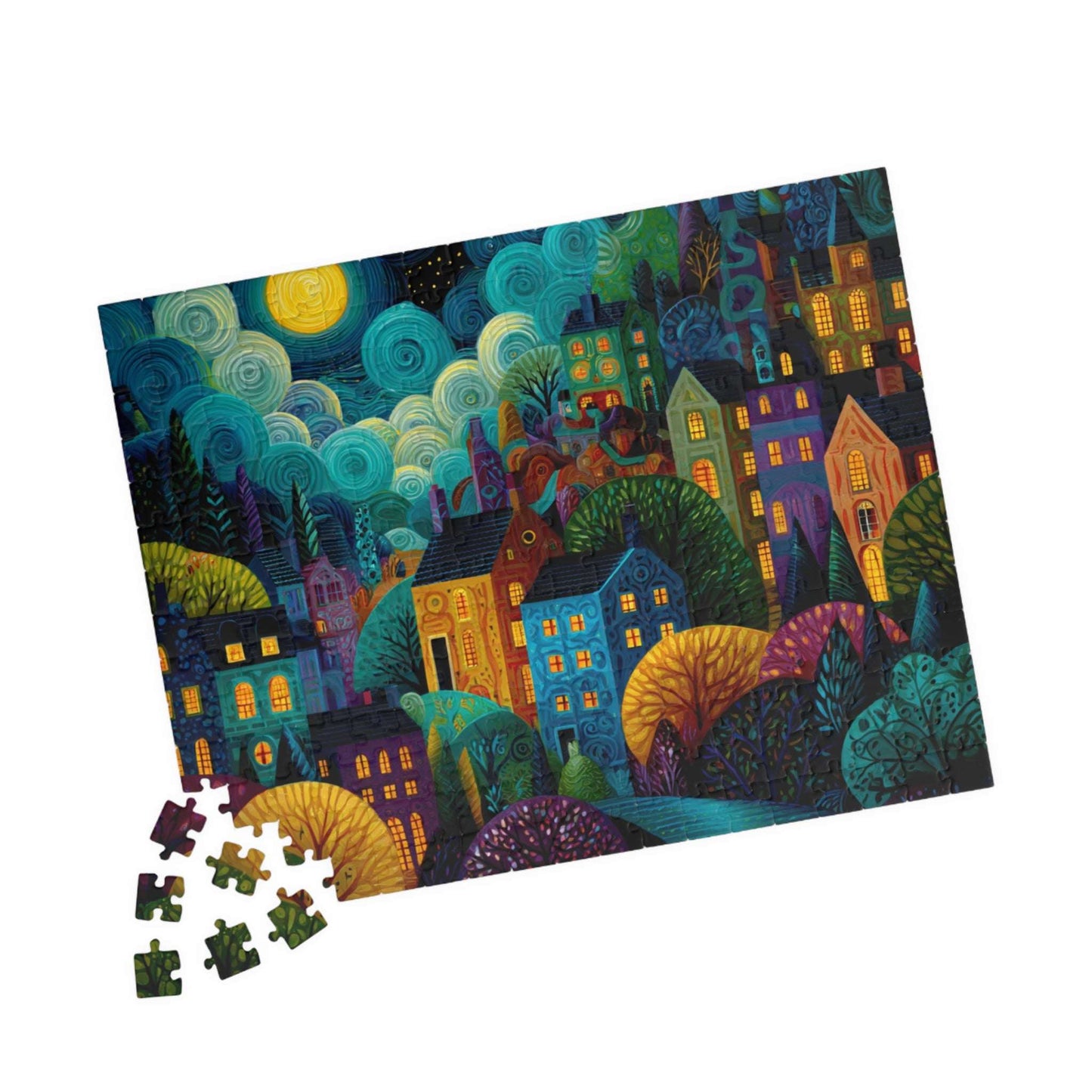 Whimsical Nighttime Village Puzzle - Fairytale Landscape with Colorful Houses, Glowing Windows, and Moonlit Sky 252 pcs (Horizontal) Puzzle The Puzzle Chest