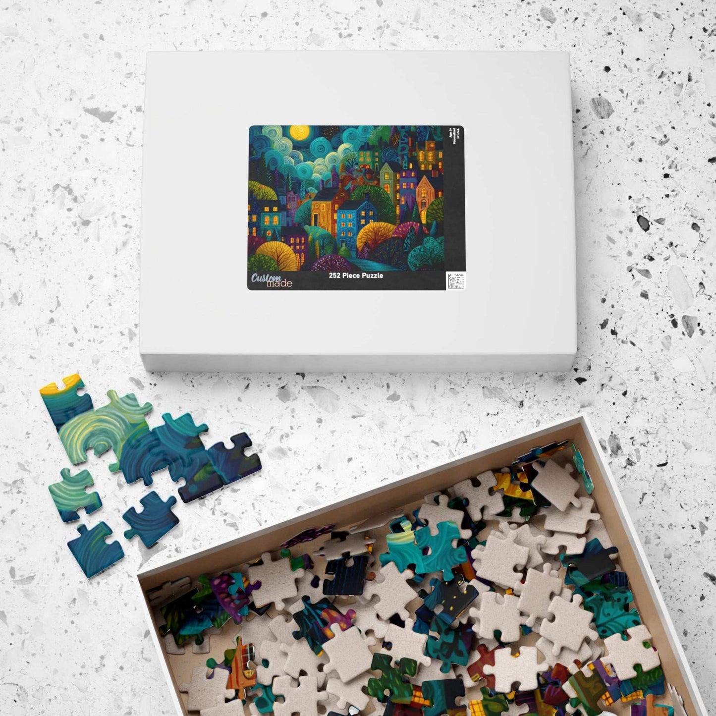 Whimsical Nighttime Village Puzzle - Fairytale Landscape with Colorful Houses, Glowing Windows, and Moonlit Sky Puzzle The Puzzle Chest