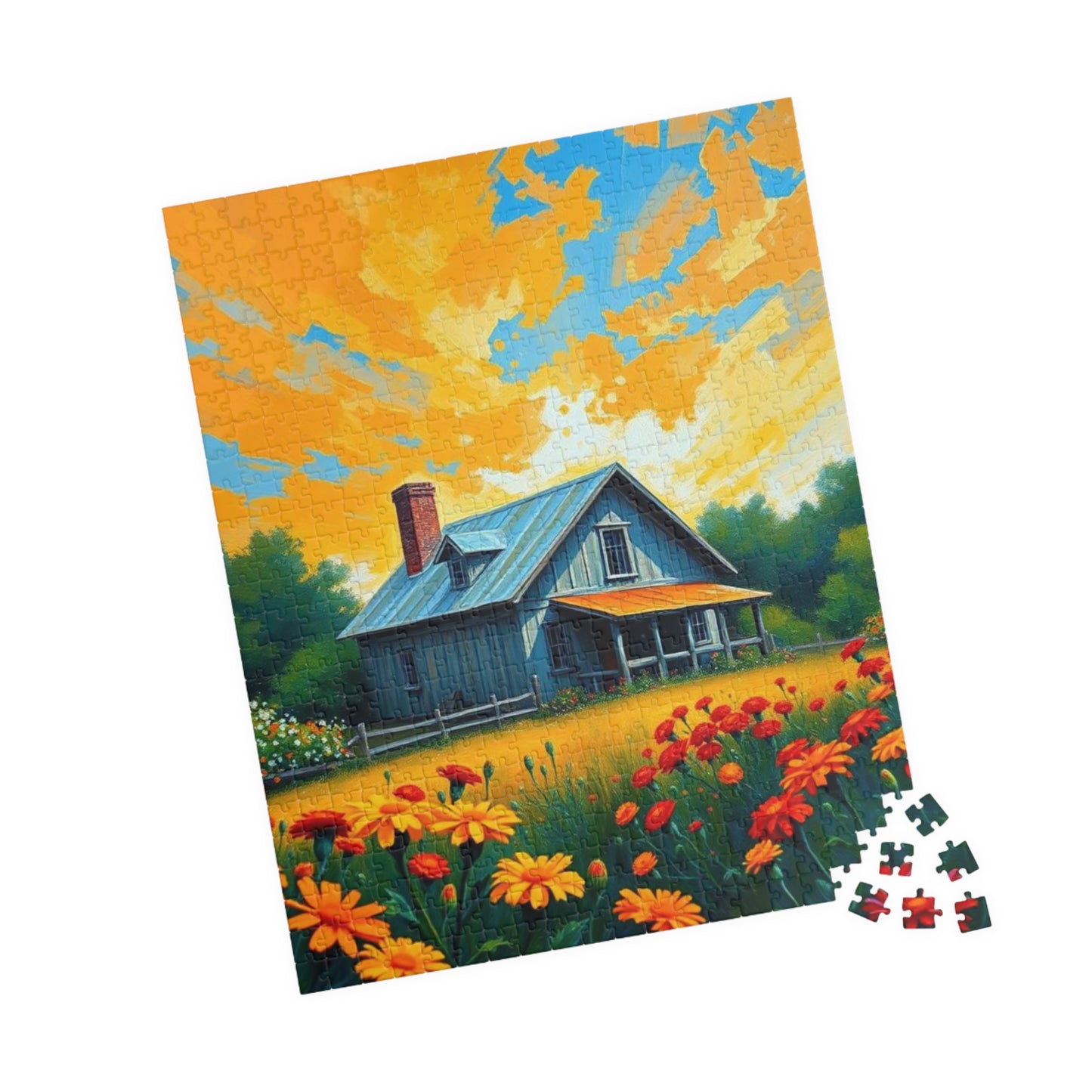 Sunset Bloom Farmhouse Puzzle – 1000 Piece Jigsaw, Rustic House and Garden Scene, Summer Puzzle for Adults, Country Home Decor Gift Idea Puzzle The Puzzle Chest
