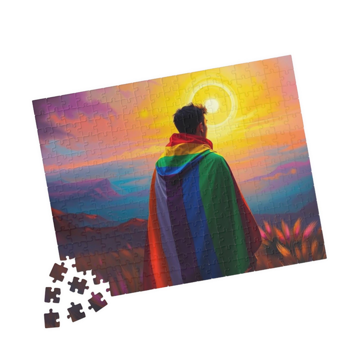 LGBTQ Pride Flag Puzzle - Queer Person in Rainbow Sunset Landscape, Fun Activity, Unique Holiday Birthday Pride Month Gift, Mindful Activity Puzzle The Puzzle Chest