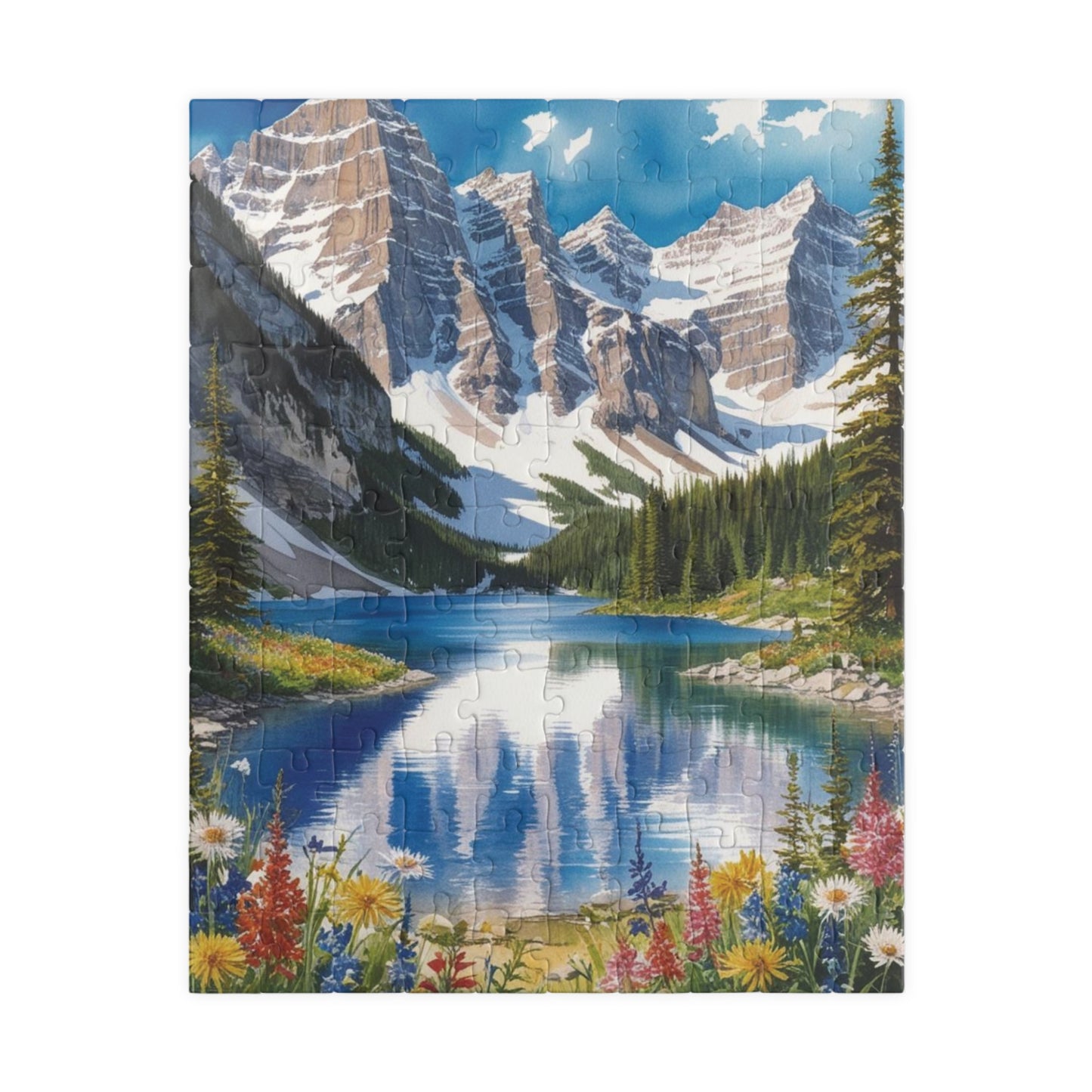 Serene Mountain Lake Landscape Puzzle, Snowy Peaks Wildflowers Art Jigsaw, Nature Lovers Gift, Fun Family Game Night Activity, Leisure Hobby 110 pcs (Vertical) Puzzle The Puzzle Chest