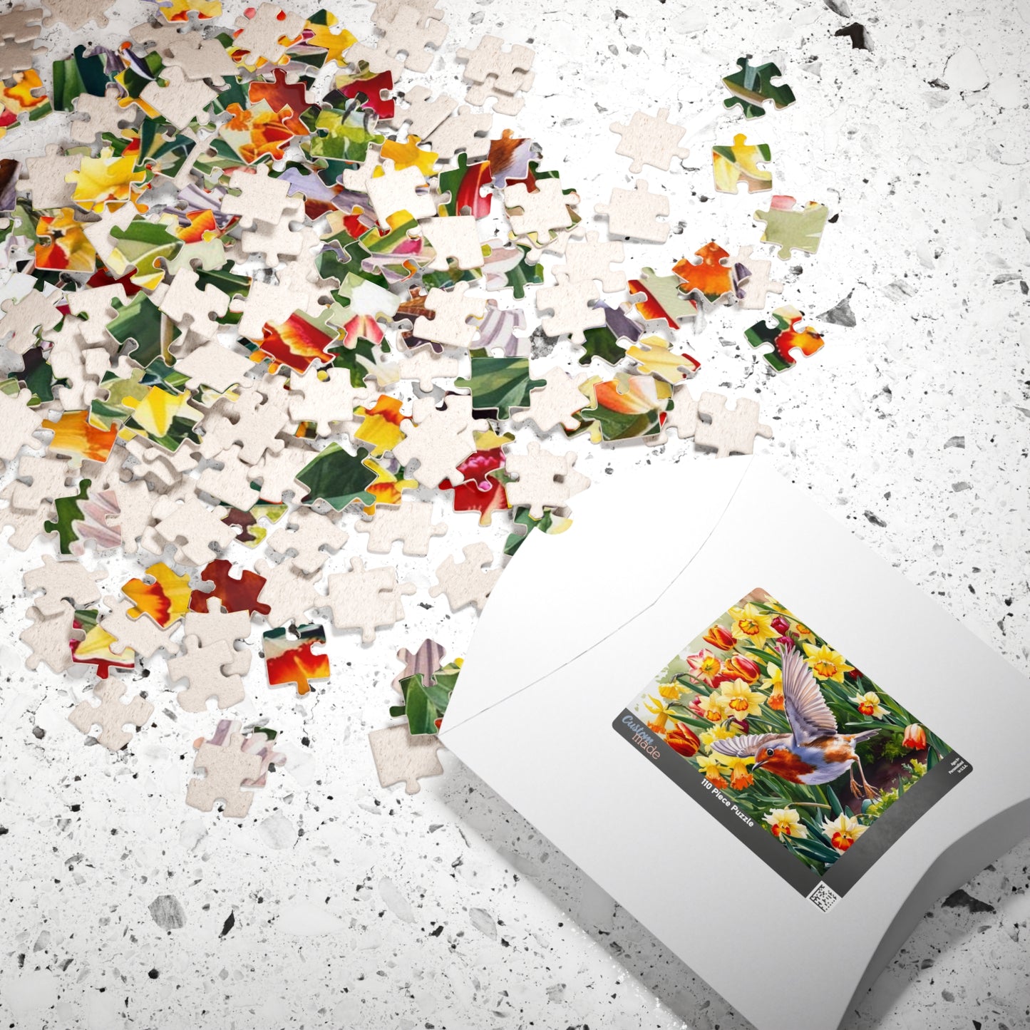 Robin Bird Flying Garden Puzzle, Tulips Daffodils Spring Landscape Jigsaw, 110 252 520 1014 Piece Game, Relaxation Hobby Gift, Nature Puzzle The Puzzle Chest