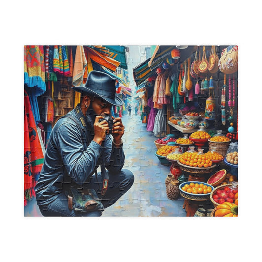 Cultural Street Market Jigsaw Puzzle - Black Man Taking Photographs, African American Art, Gift for Friends, Family Fun, Home Entertainment 110 pcs (Horizontal) Puzzle The Puzzle Chest