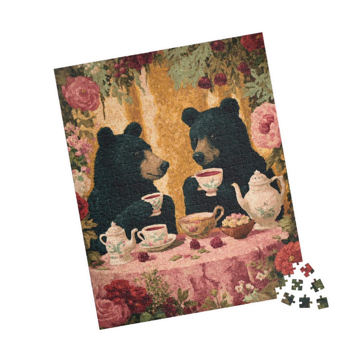 Pretty in Pink – Rosy Bear Tea Party Puzzle with Romantic Cottage Garden Scene, Animal Themed Jigsaw Game 520 pcs (Vertical) Puzzle The Puzzle Chest