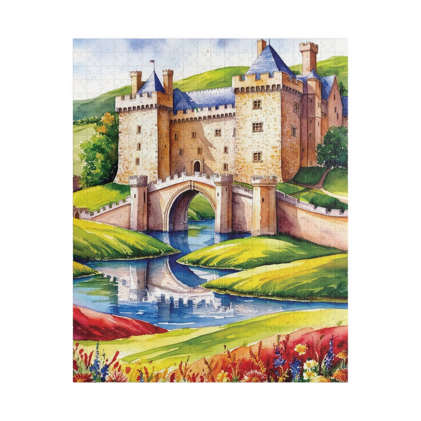Medieval Castle Landscape Jigsaw Puzzle, Serene Moat Drawbridge Rolling Hills and Colorful Flowers, Challenging Family Game, Mindfulness 520 pcs (Vertical) Puzzle The Puzzle Chest