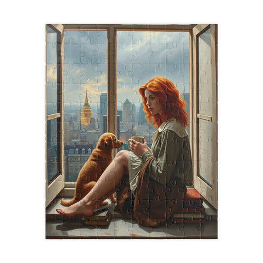 Jigsaw Puzzle, Woman Sitting on Windowsill with Red Hair, Books, Dog, Cityscape, Rainy Sky, 110, 252, 520, 1014-Piece - Relaxing Indoor 110 pcs (Vertical) Puzzle The Puzzle Chest