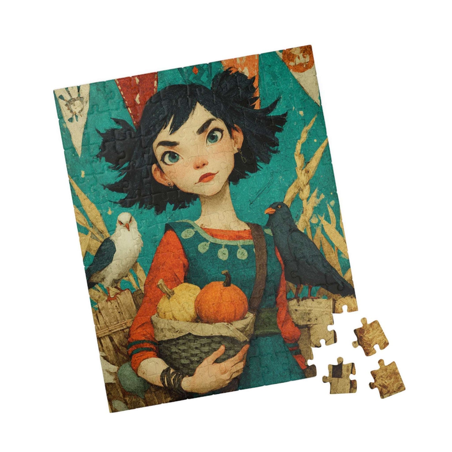 Whimsical Harvest Festival Jigsaw Puzzle - Asian Girl Fairy-Tale Autumn Scene with Doves, Gourds, Hay Bales, Crates, and Festive Banners 110 pcs (Vertical) Puzzle The Puzzle Chest