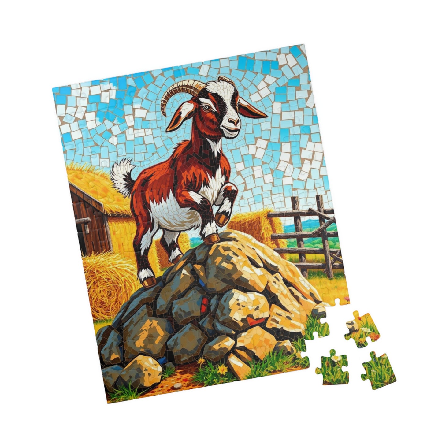 Playful Goat Mosaic Puzzle, Goat on Rocky Hill, Sunny Farm Scene Jigsaw Game for Adults, Family Activity, Mindful Puzzle Lover Gift Puzzle The Puzzle Chest
