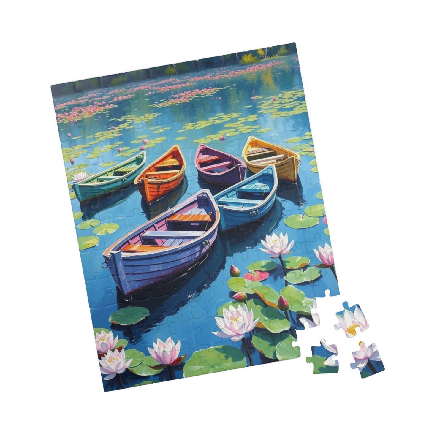 Serenity Afloat Lake Boat Jigsaw Puzzle, Rowboats and Lotus Flowers Landscape Puzzle, Scenic Summer Puzzle for Adult and Families Puzzle The Puzzle Chest