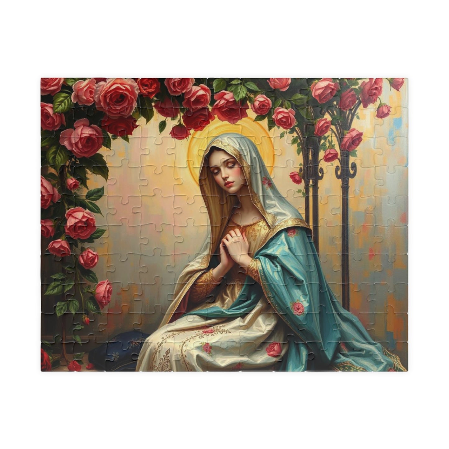 Floral Virgin Mary Jigsaw Puzzle - 110/252/520/1014 pieces, Art Puzzle, Religious Gift, Home Decor, Family Activity, Gift for Holidays 110 pcs (Horizontal) Puzzle The Puzzle Chest