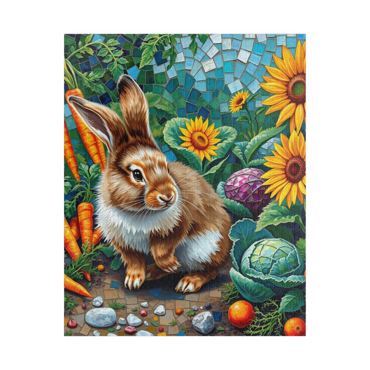 Fluffy Bunny Garden Mosaic Puzzle, Rabbit Near Carrots Cabbage and Sunflowers, Nature Animal Theme Jigsaw Game for Children and Adults, Gift 520 pcs (Vertical) Puzzle The Puzzle Chest